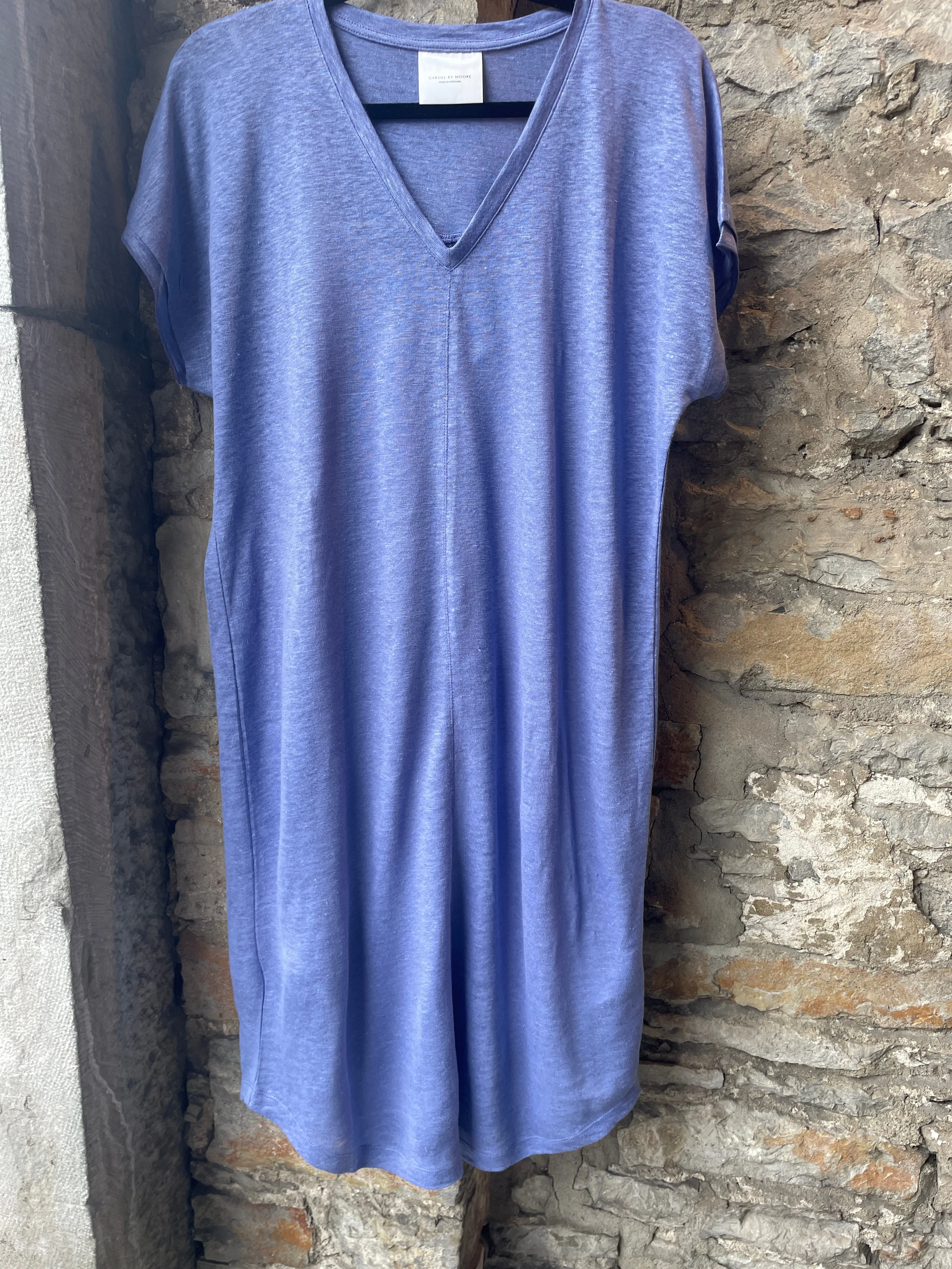 100% Slub linen V neck T shirt dress with slip- Light Blue Denim