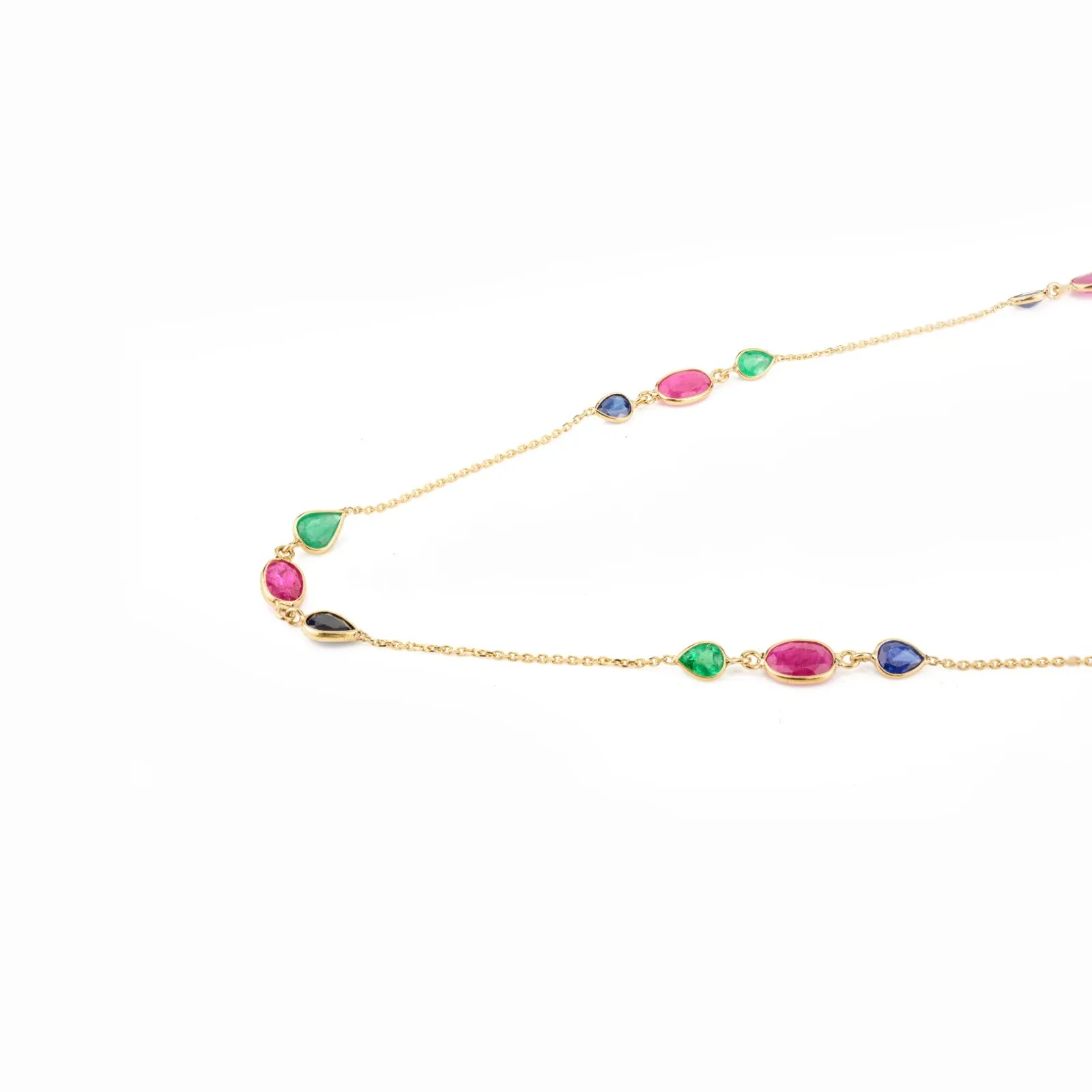 18K Solid Yellow Gold Multi Gemstone Station Necklace