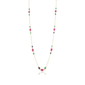 18K Solid Yellow Gold Multi Gemstone Station Necklace