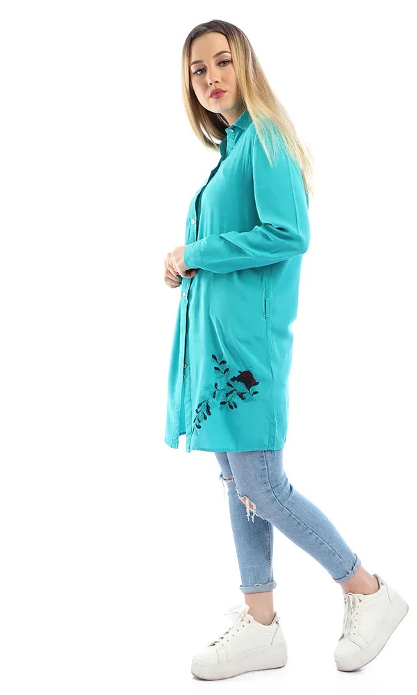 48962 Embroidered Flower Long Sleeves Buttoned Teal Green Shirt