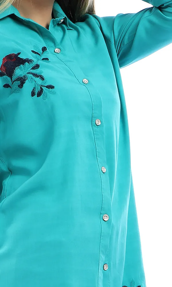 48962 Embroidered Flower Long Sleeves Buttoned Teal Green Shirt