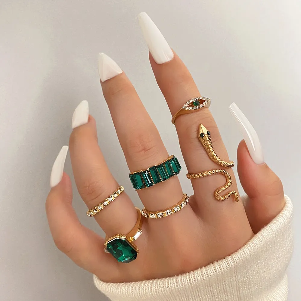 6Pc Vintage Green Gem Lucky Eye, Snake Crystal Ring Set