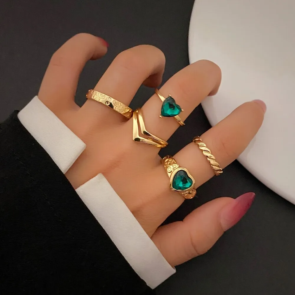 6Pc Vintage Green Gem Lucky Eye, Snake Crystal Ring Set