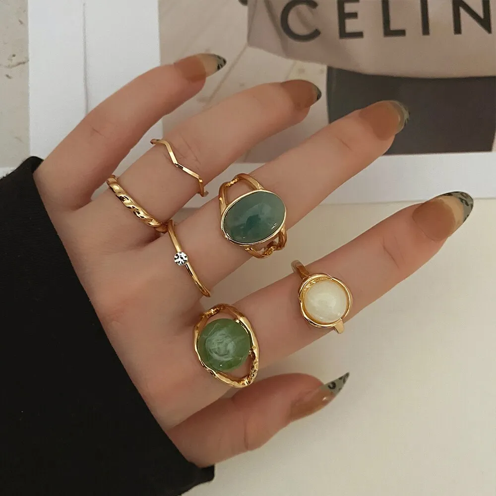 6Pc Vintage Green Gem Lucky Eye, Snake Crystal Ring Set