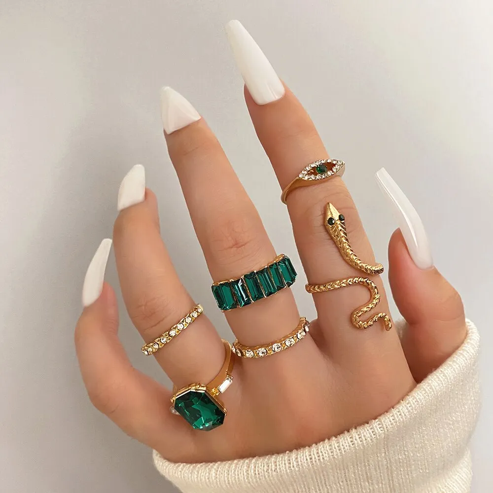 6Pc Vintage Green Gem Lucky Eye, Snake Crystal Ring Set