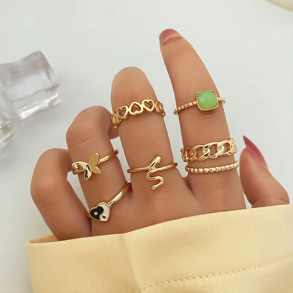 6Pc Vintage Green Gem Lucky Eye, Snake Crystal Ring Set