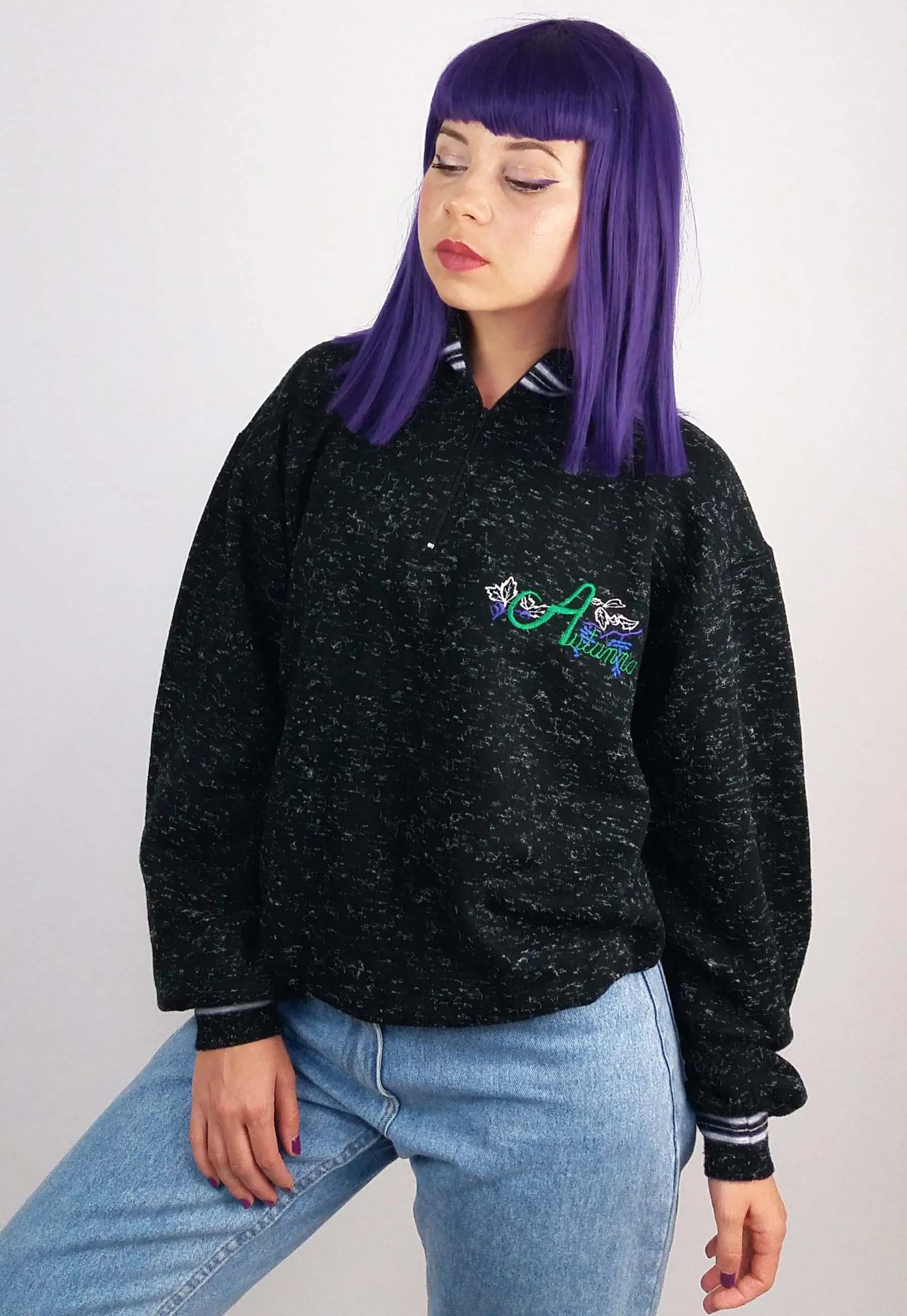 90's Embroidery 1/4 Zip Sweater