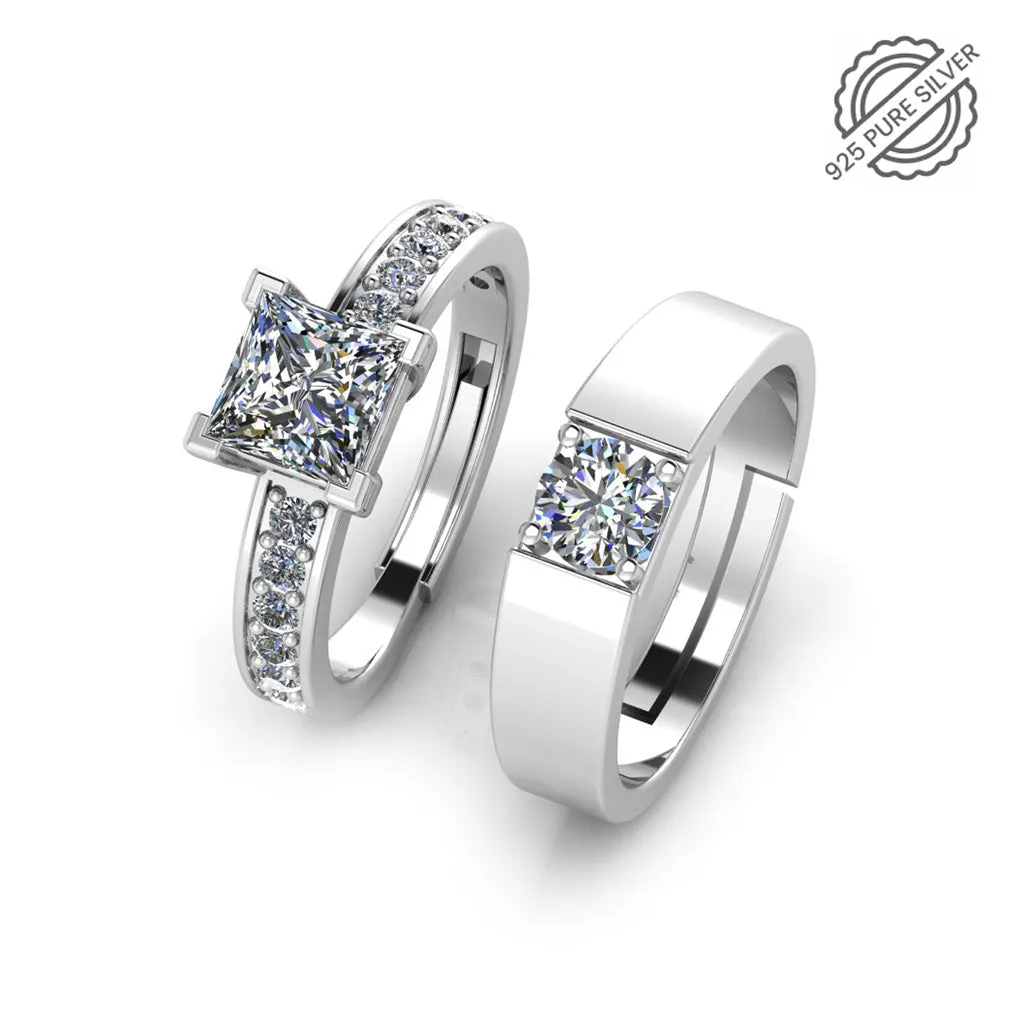 925 Sterling Silver Solitaire Princess Diamond Cut Ring For Couple's