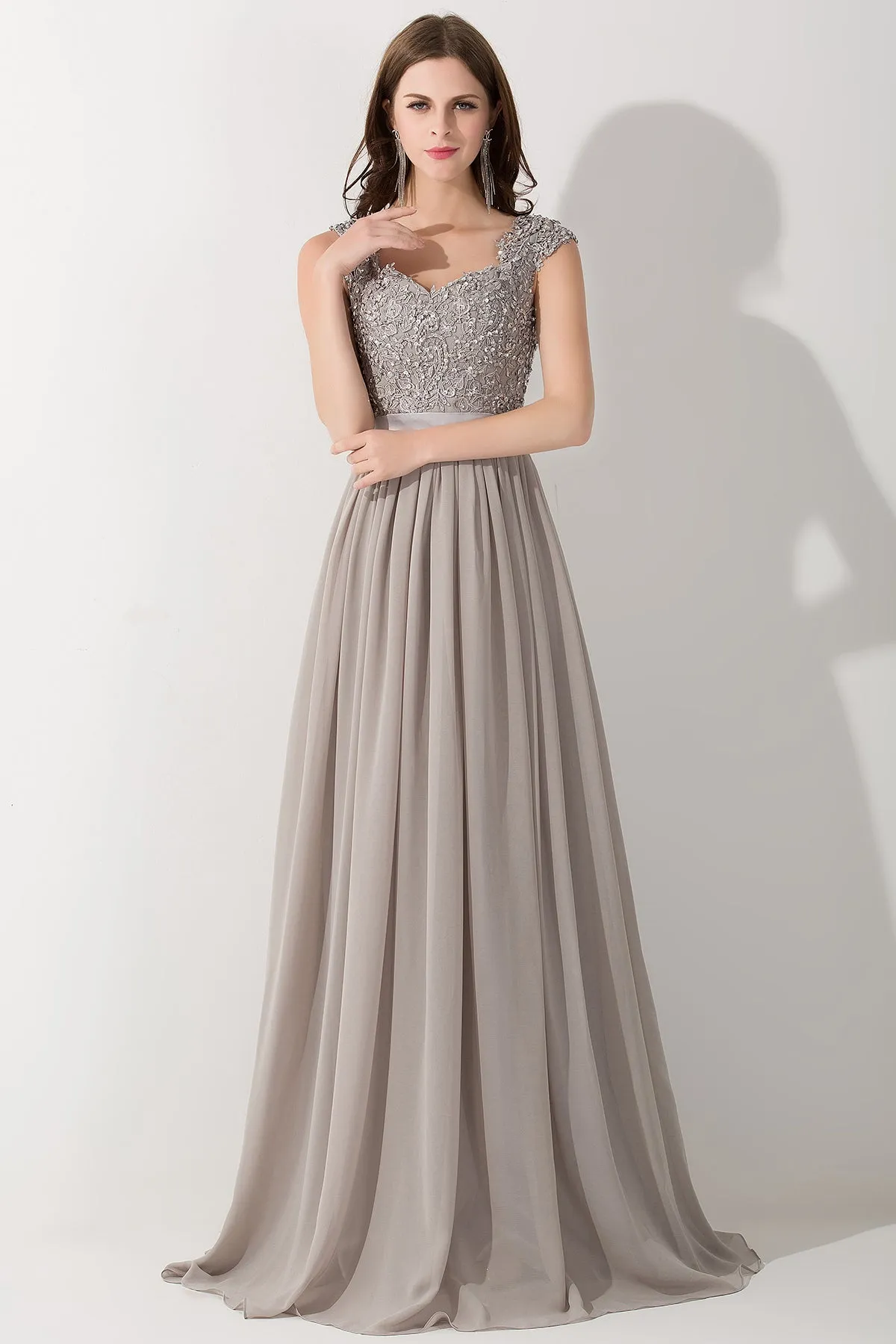 A-line Chiffon V-Neck Sleeveless Long Bridesmaid Dress with Appliques