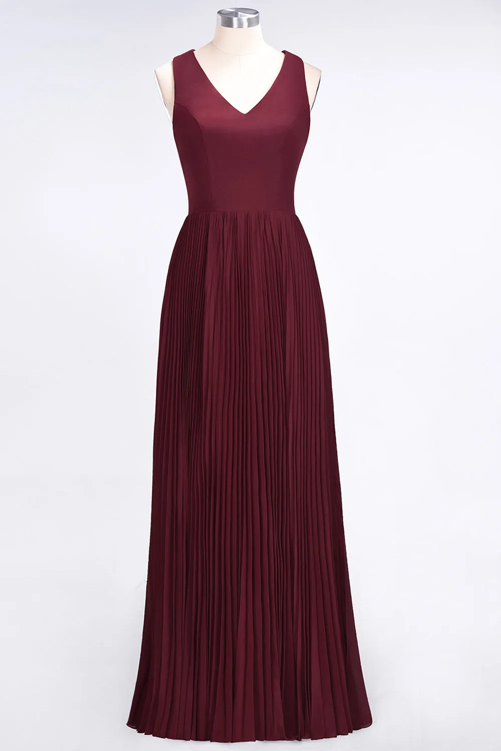 A-Line Satin Chiffon V-Neck Sleeveless Long Bridesmaid Dress with Slit