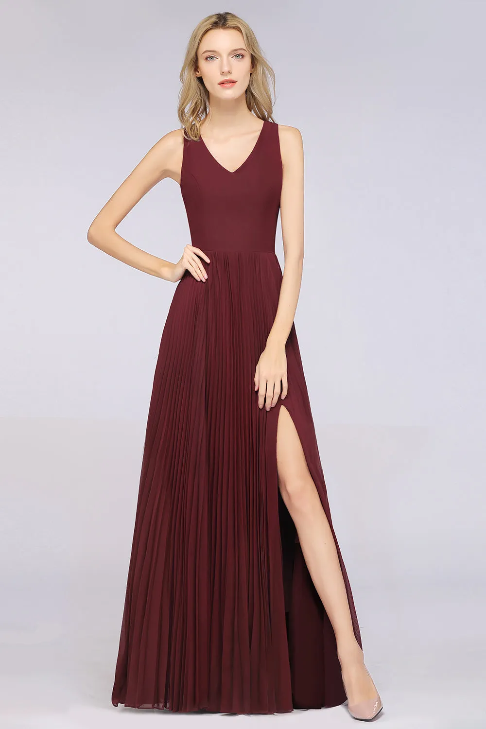 A-Line Satin Chiffon V-Neck Sleeveless Long Bridesmaid Dress with Slit