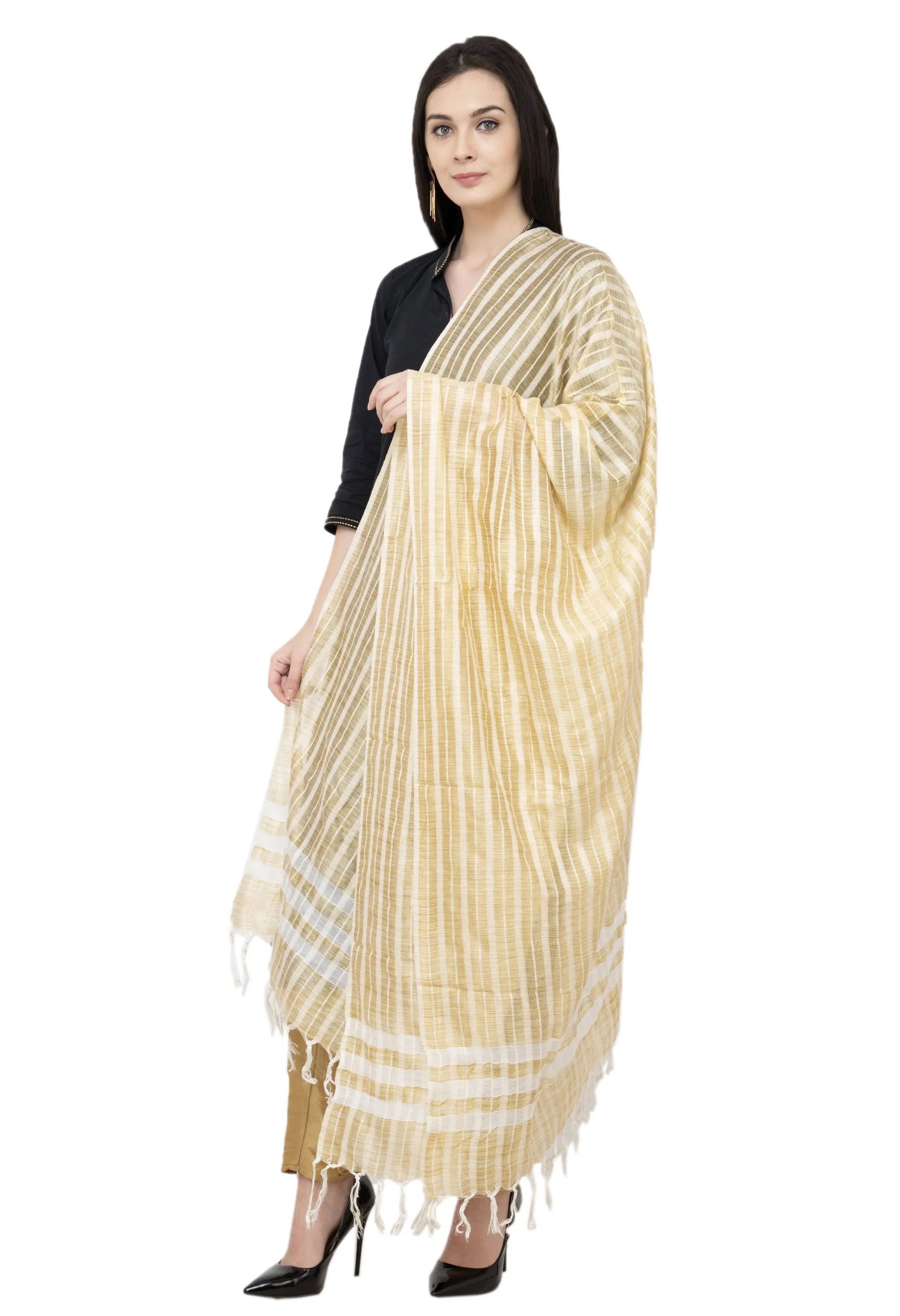 A R Silk Golden Stripe Regular Dupatta Color Golden Dupatta or Chunni