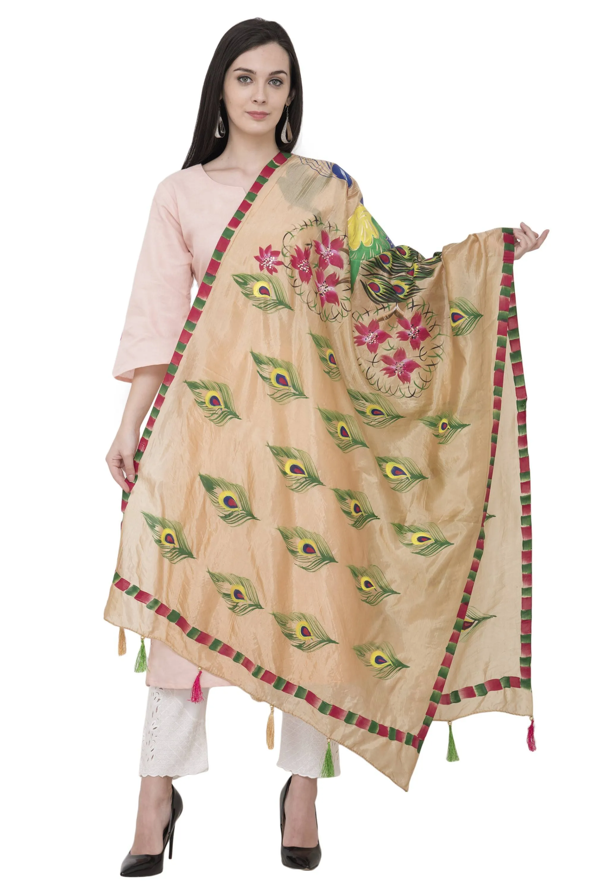 A R Silk Silk Peacock Multi Fancy Dupatta Color Golden Dupatta or Chunni