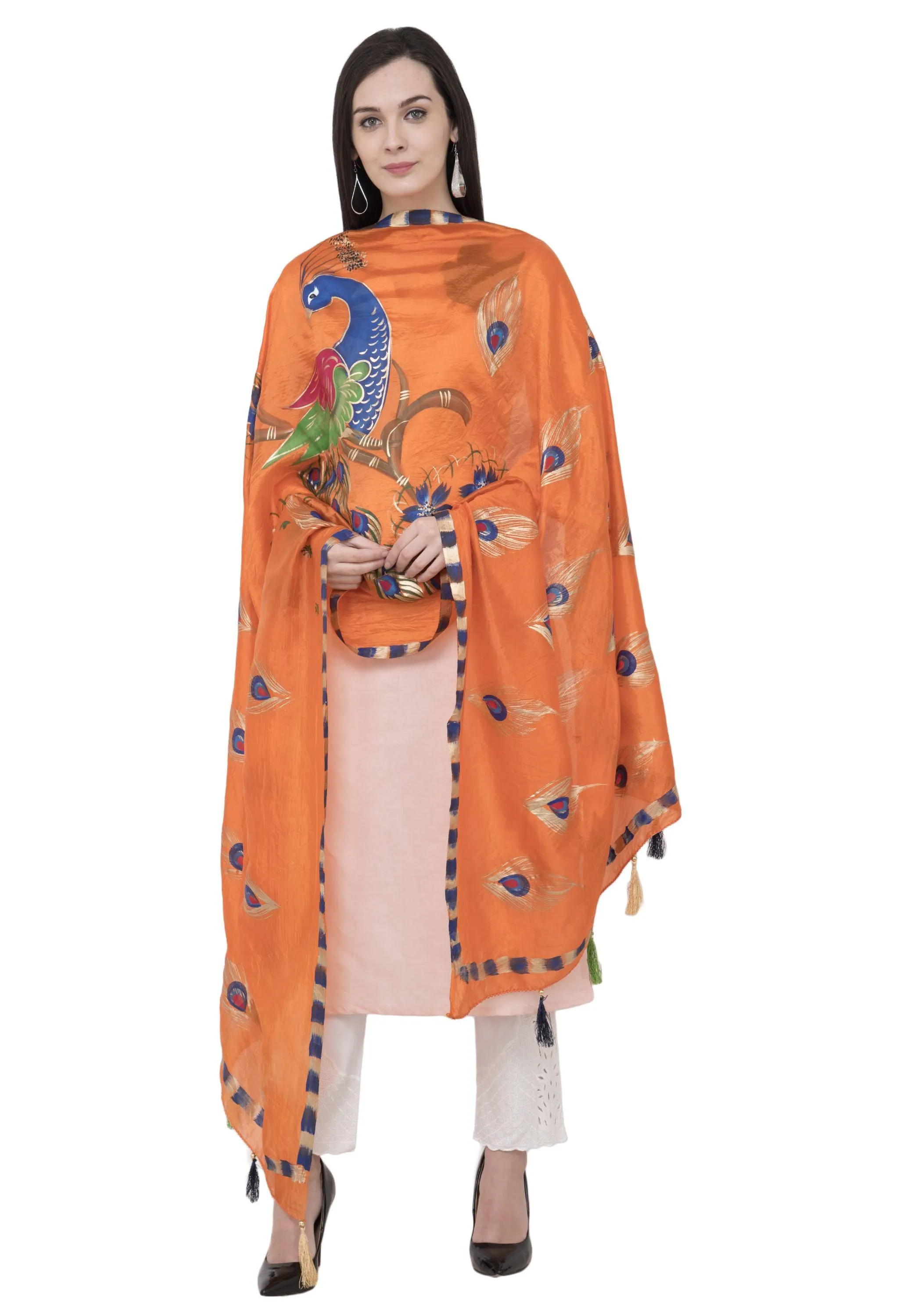 A R Silk Silk Peacock Multi Fancy Dupatta Color Orange Dupatta or Chunni