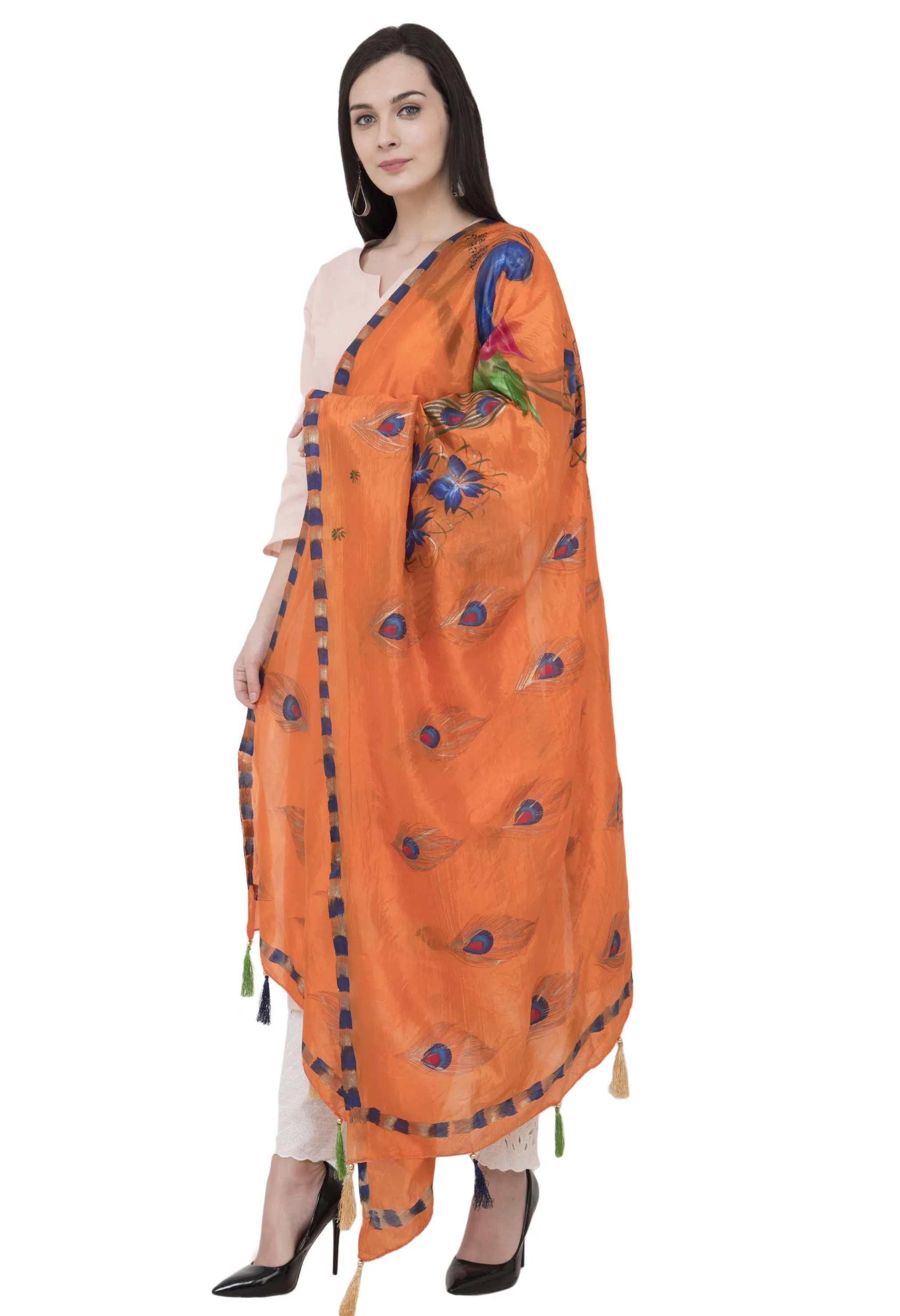 A R Silk Silk Peacock Multi Fancy Dupatta Color Orange Dupatta or Chunni