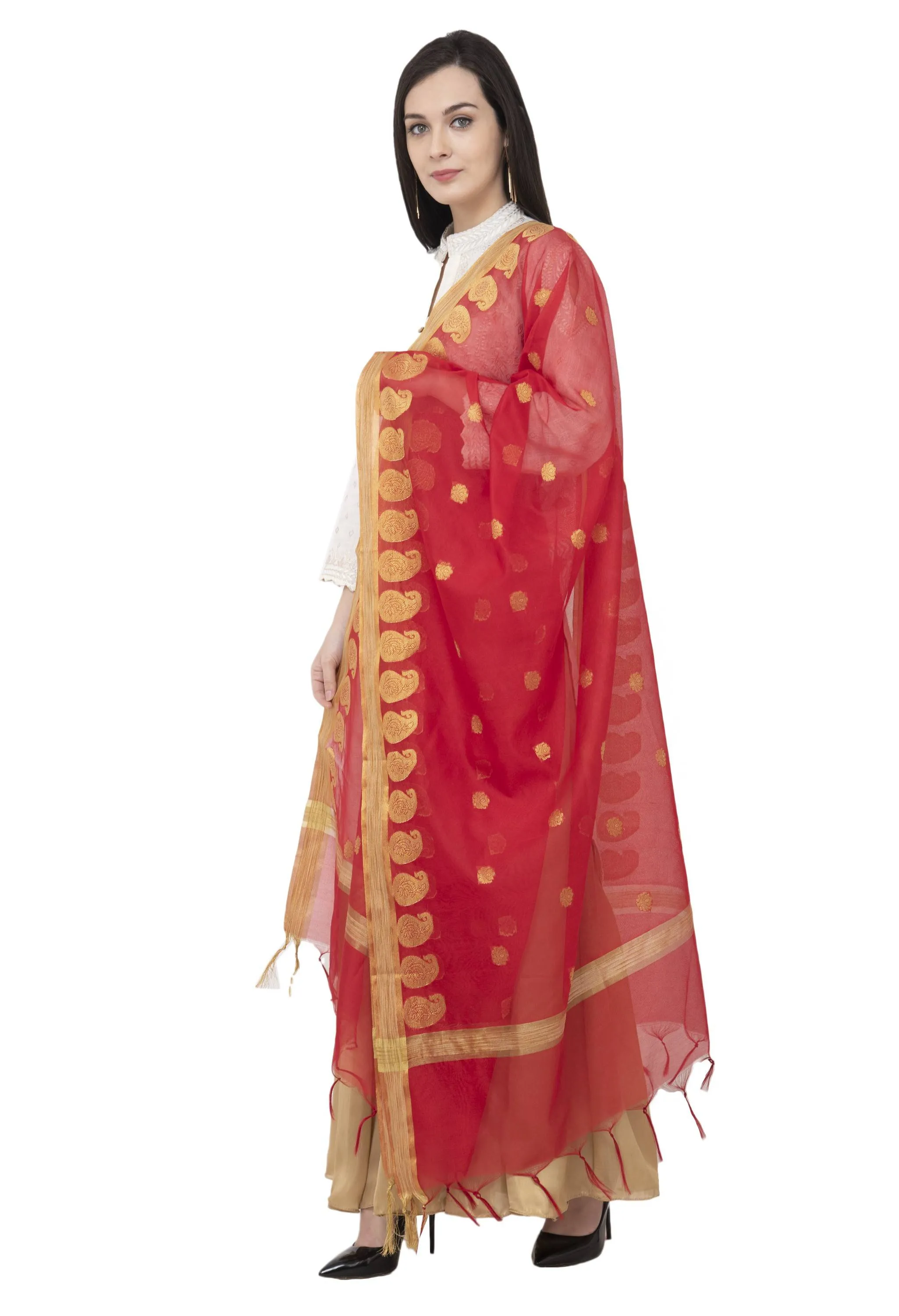 A R SILK VNS Ambi Border Fancy Dupatta Red Color Dupatta or Chunni