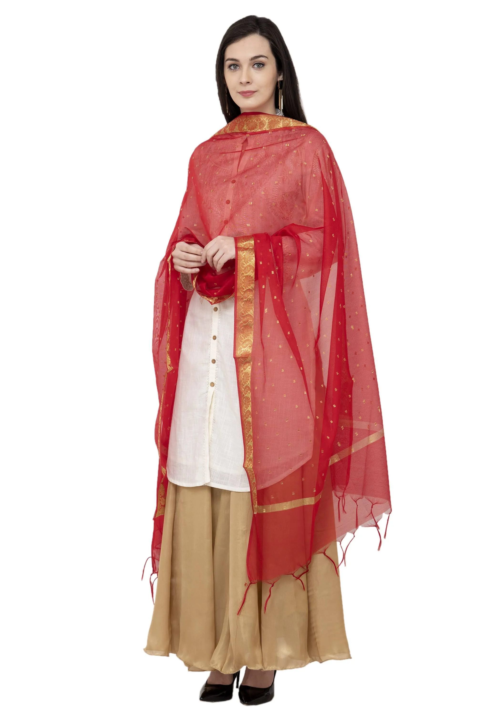 A R Silk VNS Border Buti Fancy Dupatta Color Red Dupatta or Chunni