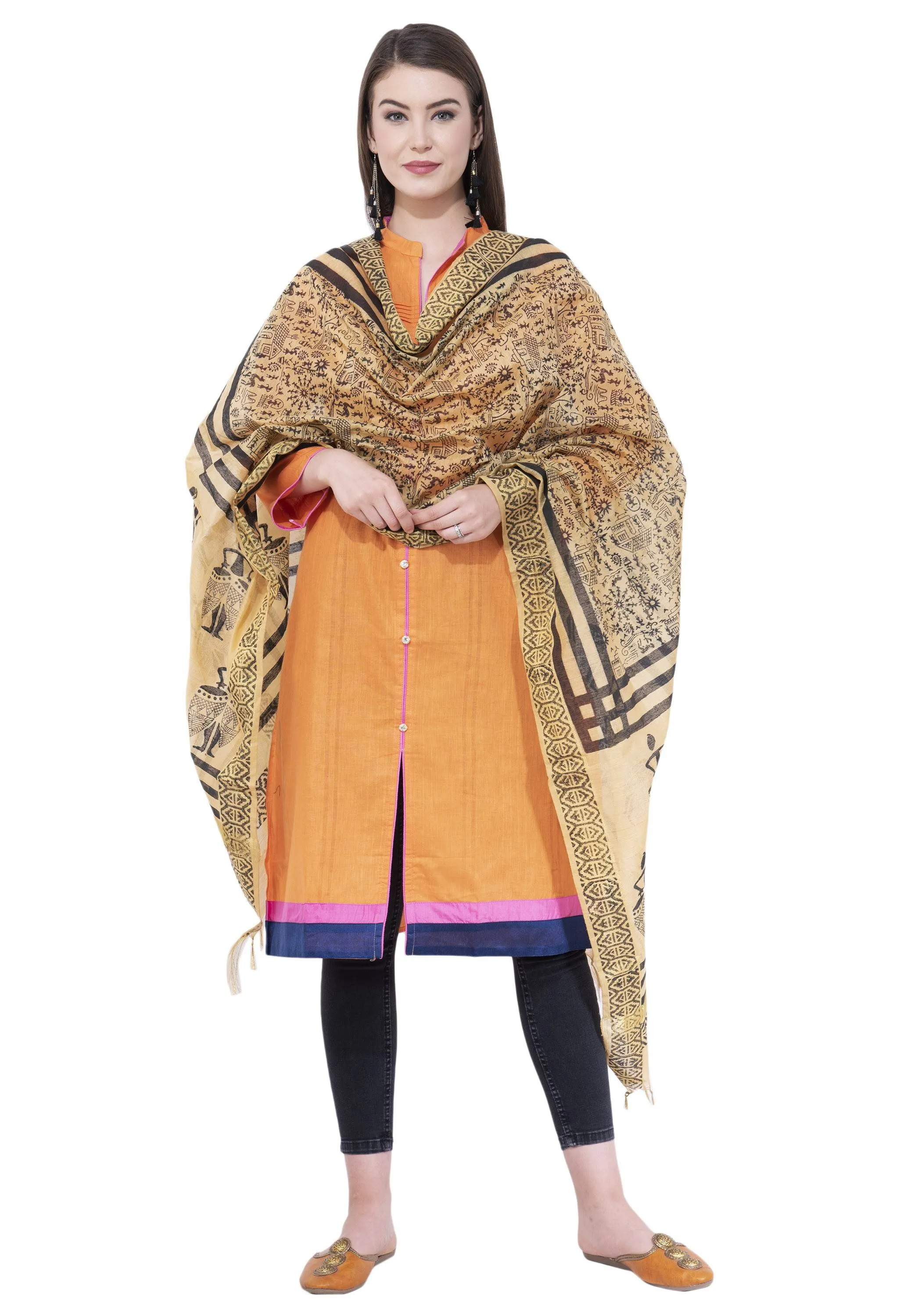 A R Silk Women's Block Print Chanderi Cotton Dark Golden Dupattas and Chunnis