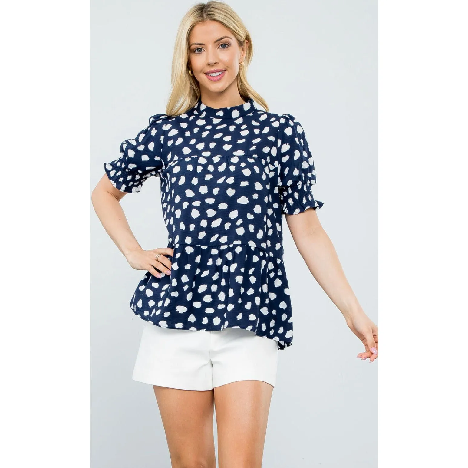 Abby Navy White Print Elbow Sleeve THML Top - SALE