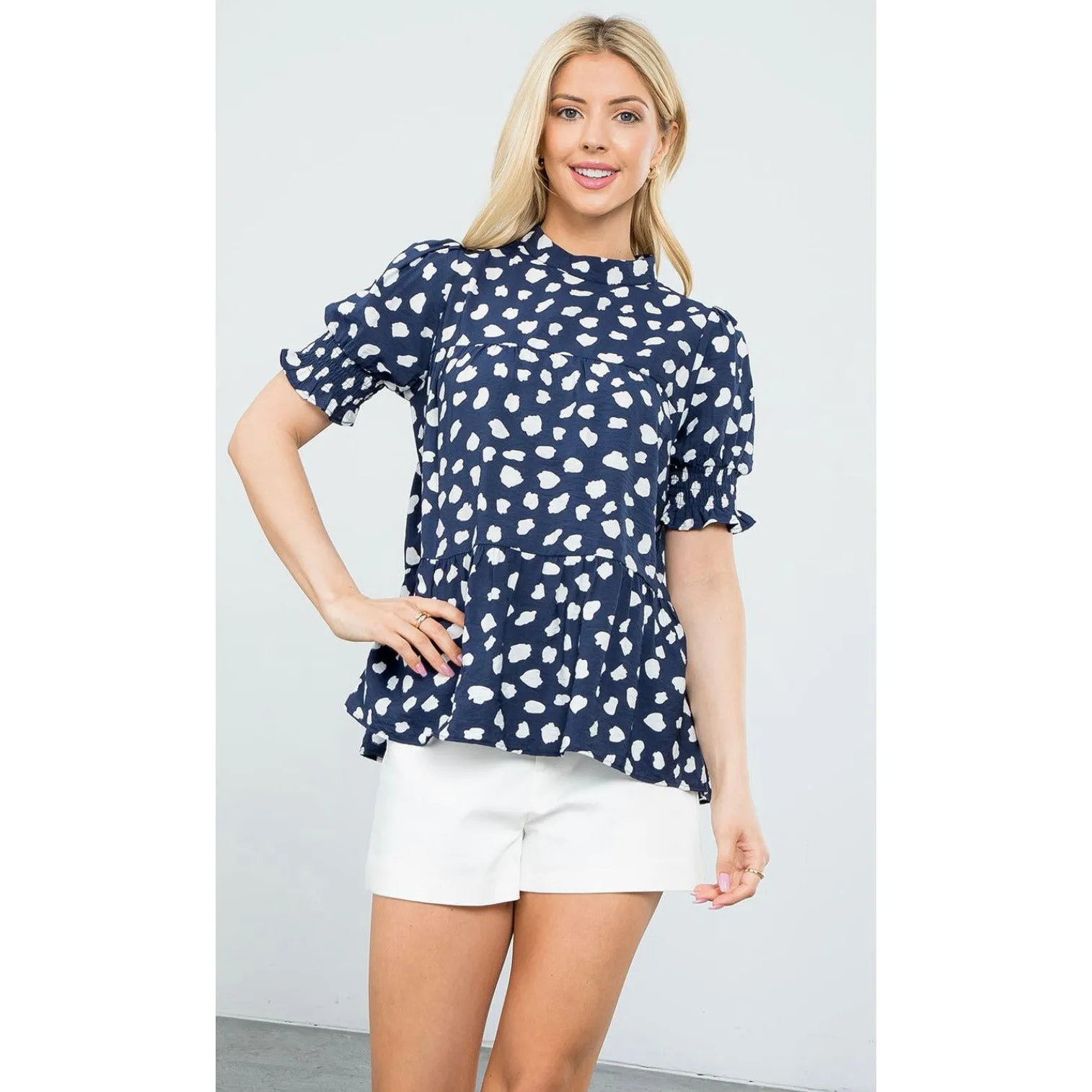 Abby Navy White Print Elbow Sleeve THML Top - SALE