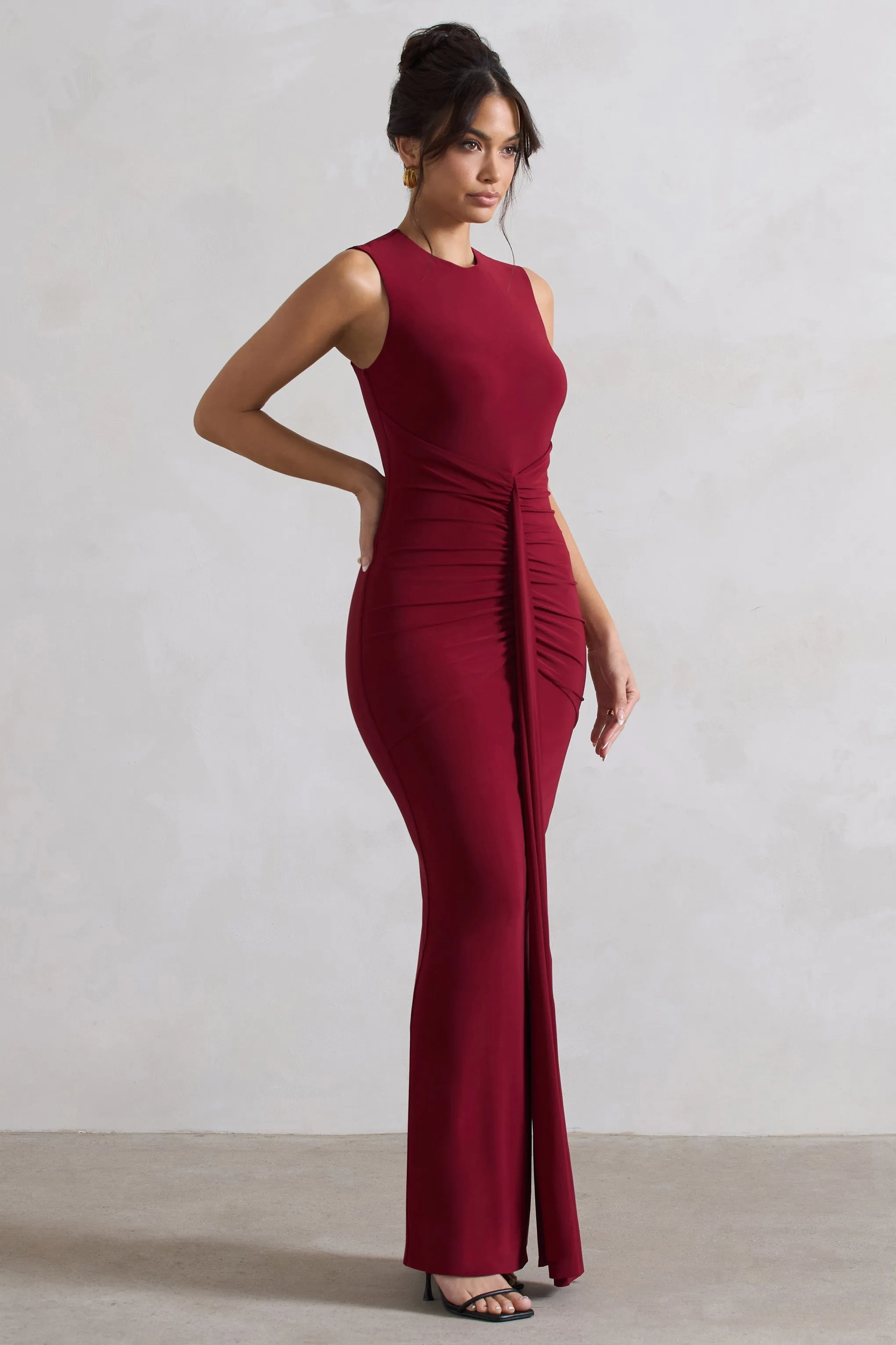 Alexa | Berry High-Neck Gathered Maxi Dress With Drape