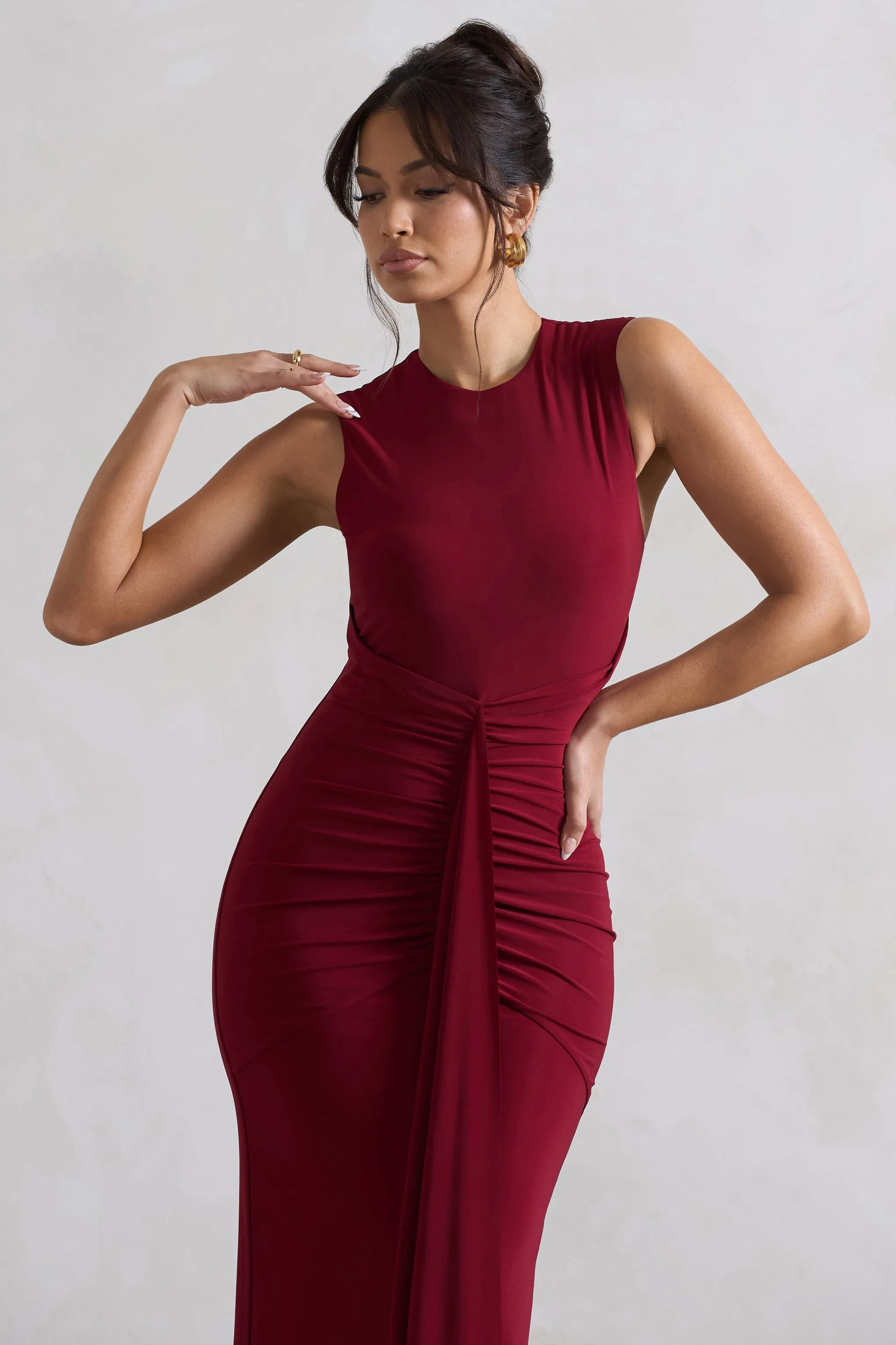 Alexa | Berry High-Neck Gathered Maxi Dress With Drape