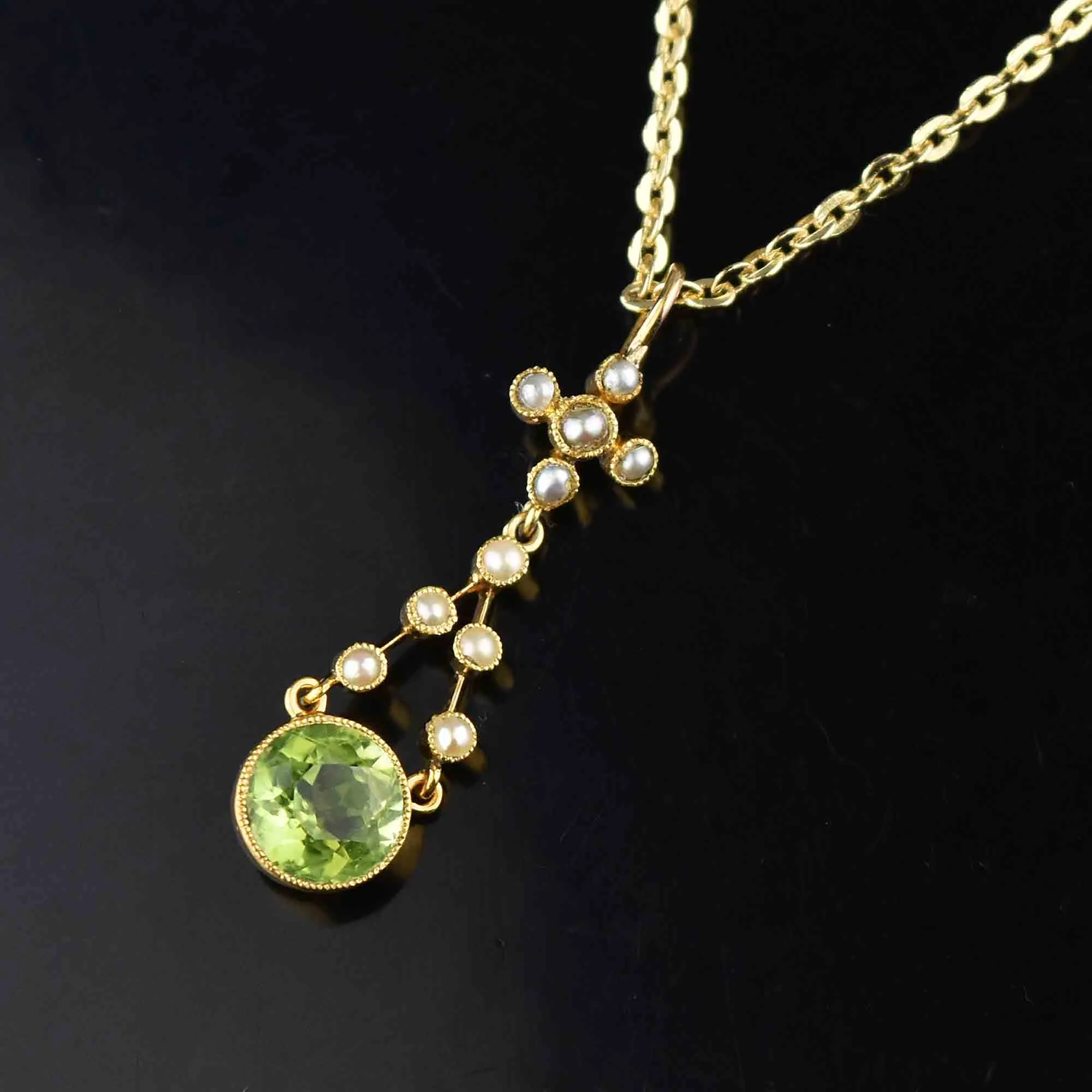 Antique Victorian 15K Gold Seed Pearl Peridot Pendant