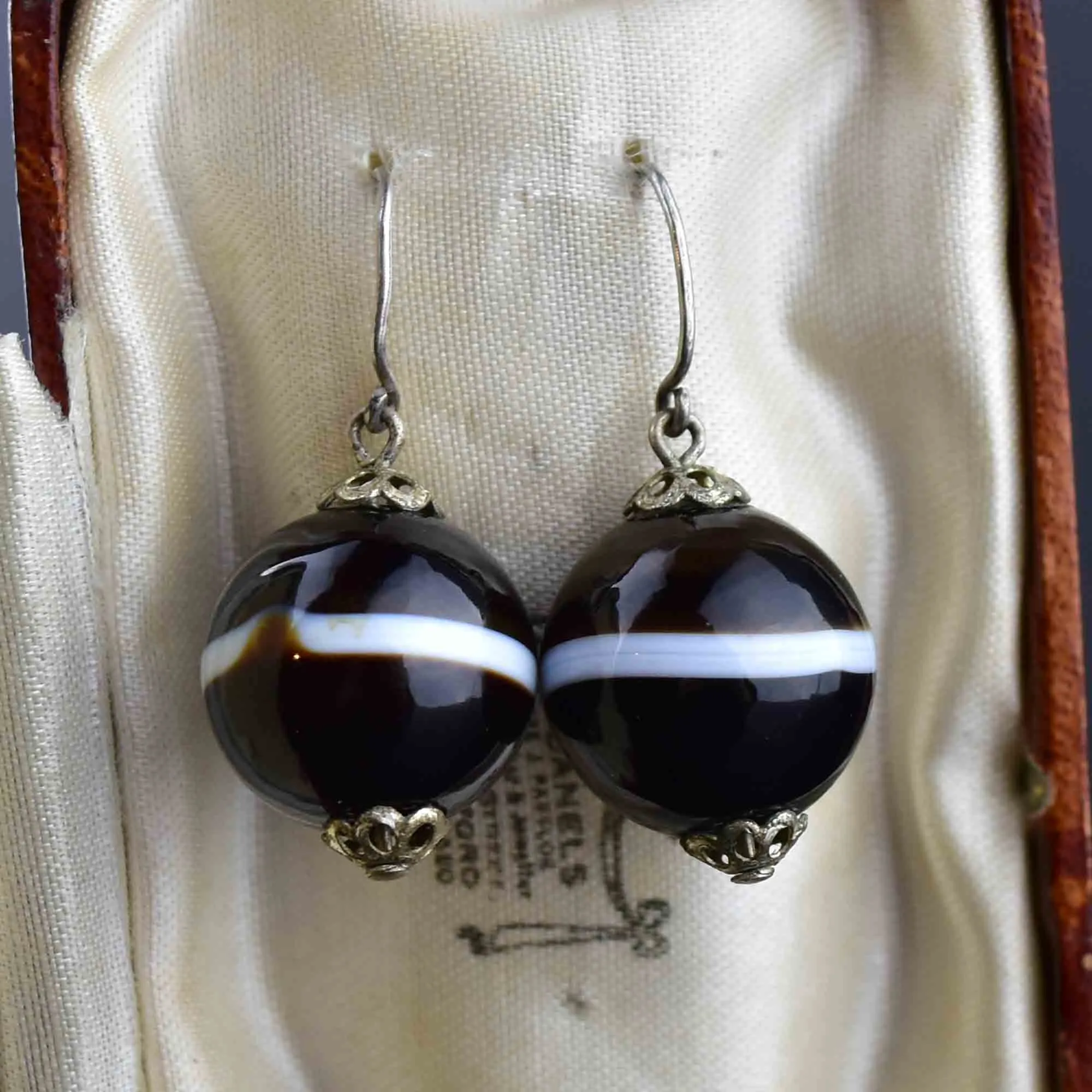 Antique Victorian Banded Agate Ball Earrings