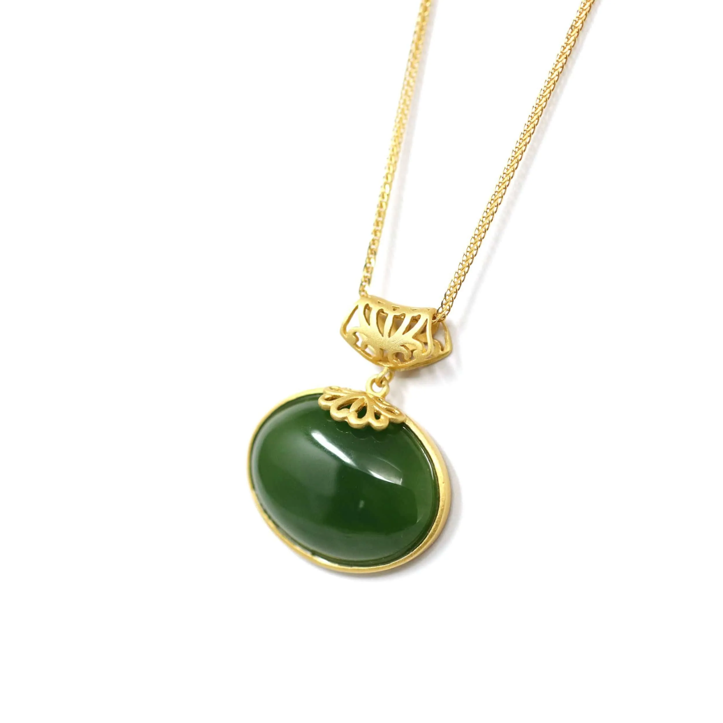 Baikalla? "Lucky Oval Jade" Sterling Silver Nephrite Green Jade Classic Pendant Necklace