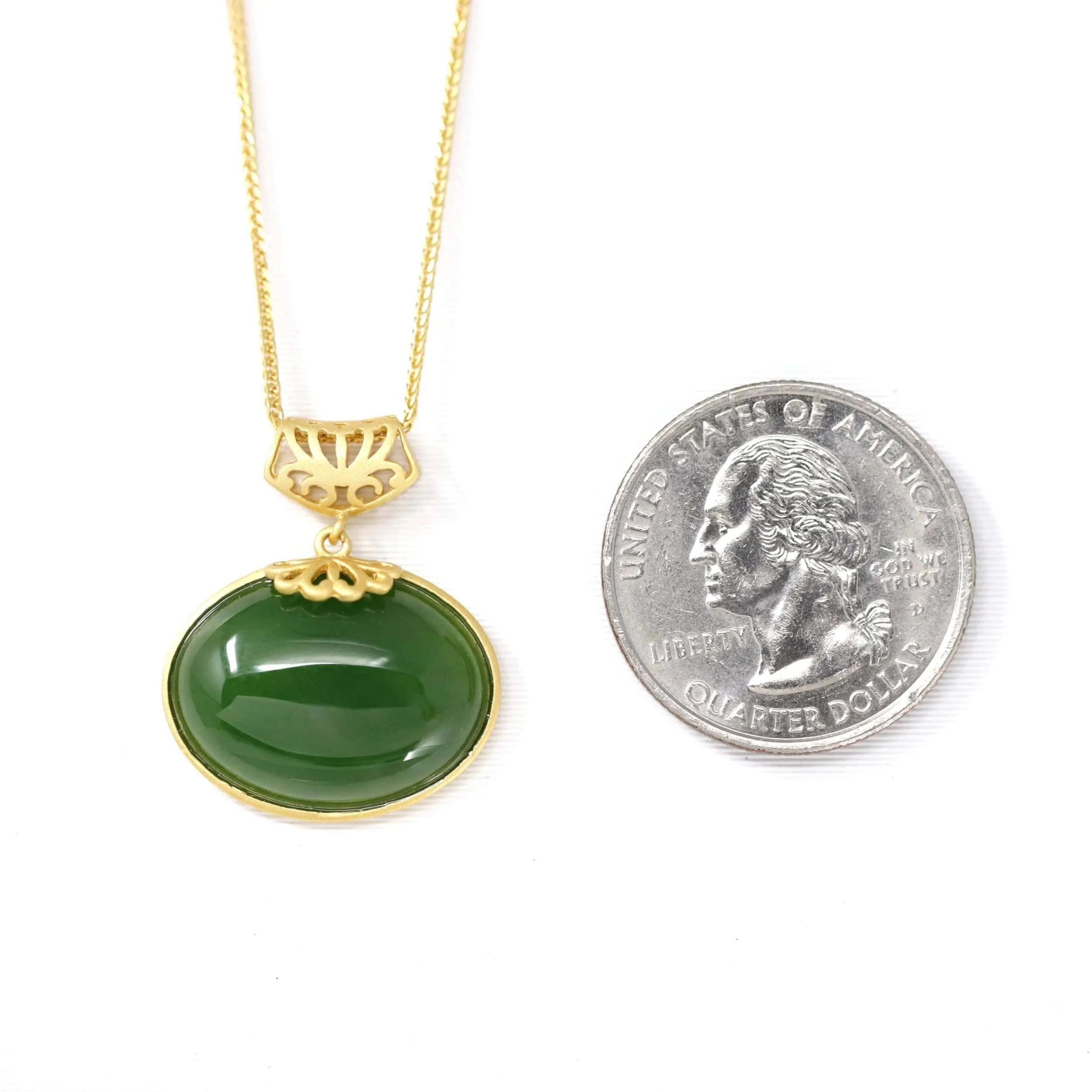 Baikalla? "Lucky Oval Jade" Sterling Silver Nephrite Green Jade Classic Pendant Necklace