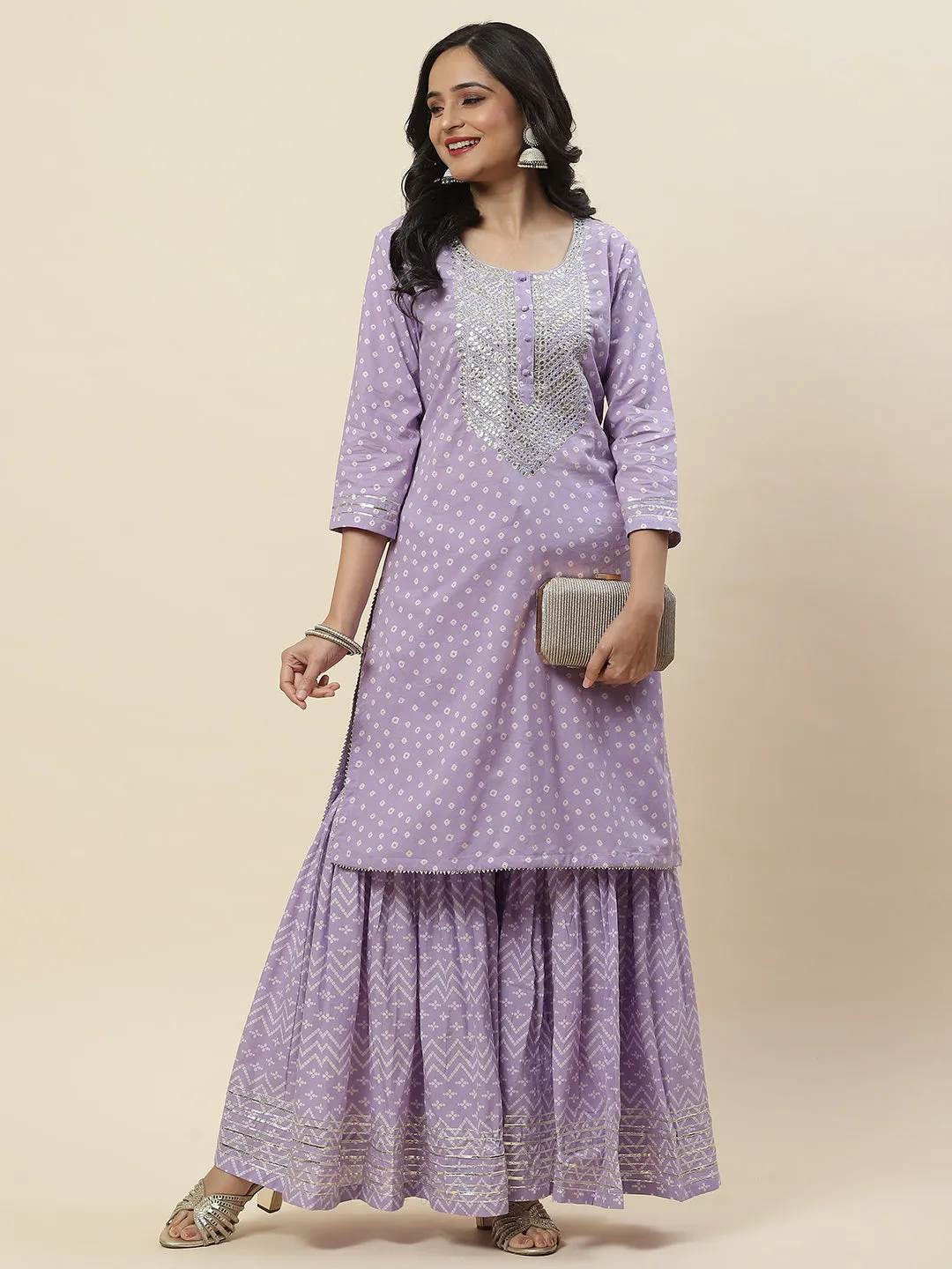 Bandhani Printed Cotton Kurti With Sharara