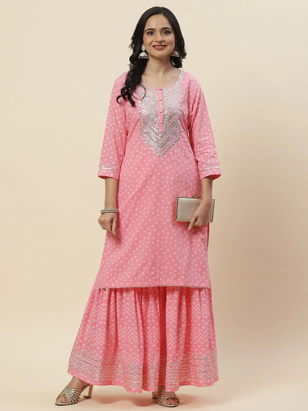 Bandhani Printed Cotton Kurti With Sharara