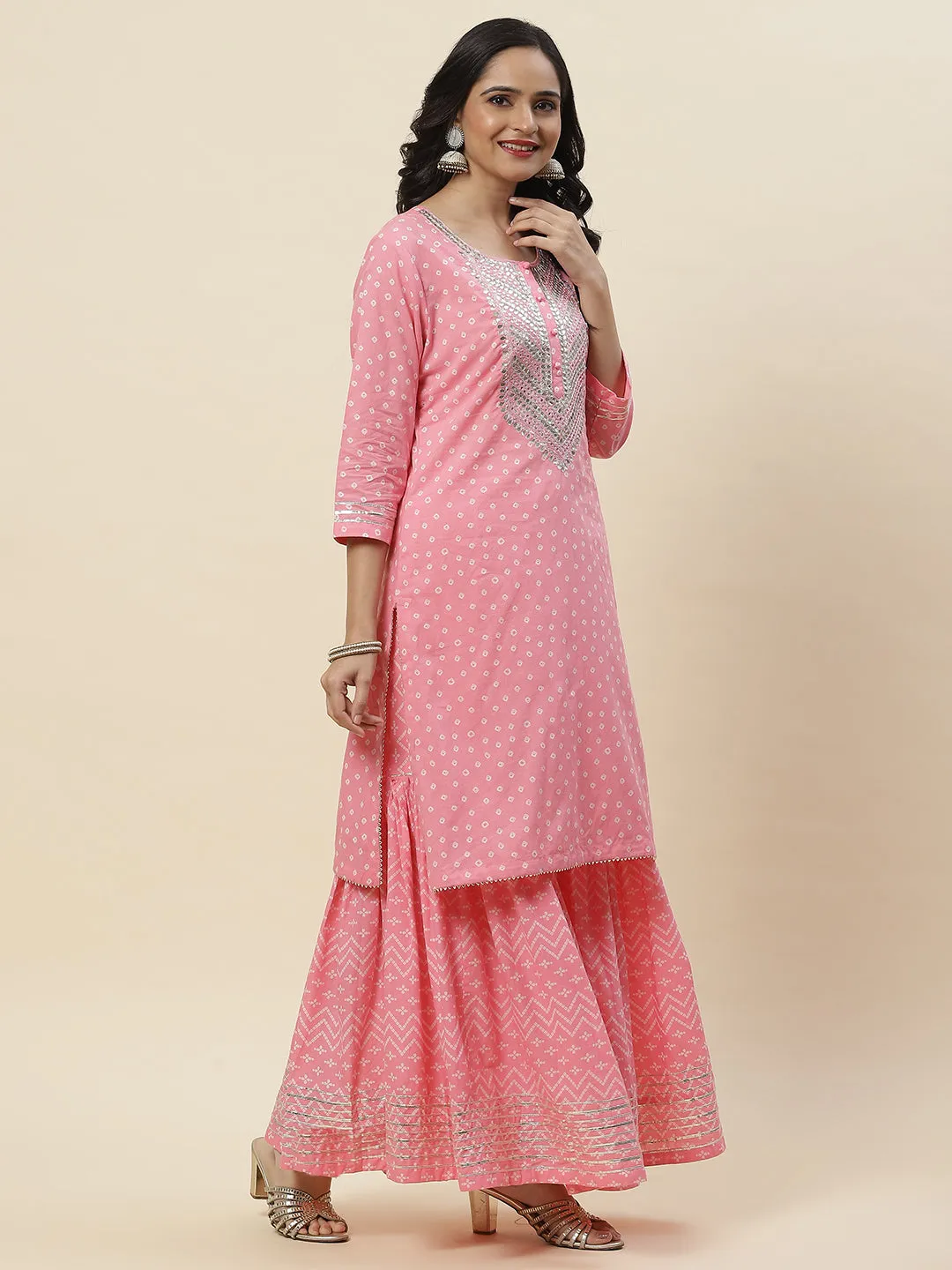 Bandhani Printed Cotton Kurti With Sharara