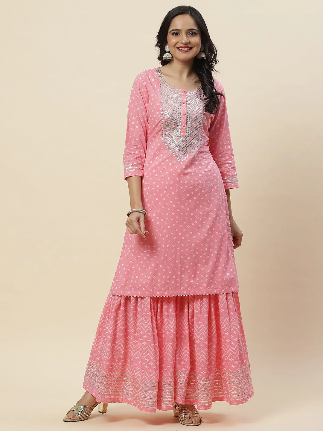 Bandhani Printed Cotton Kurti With Sharara