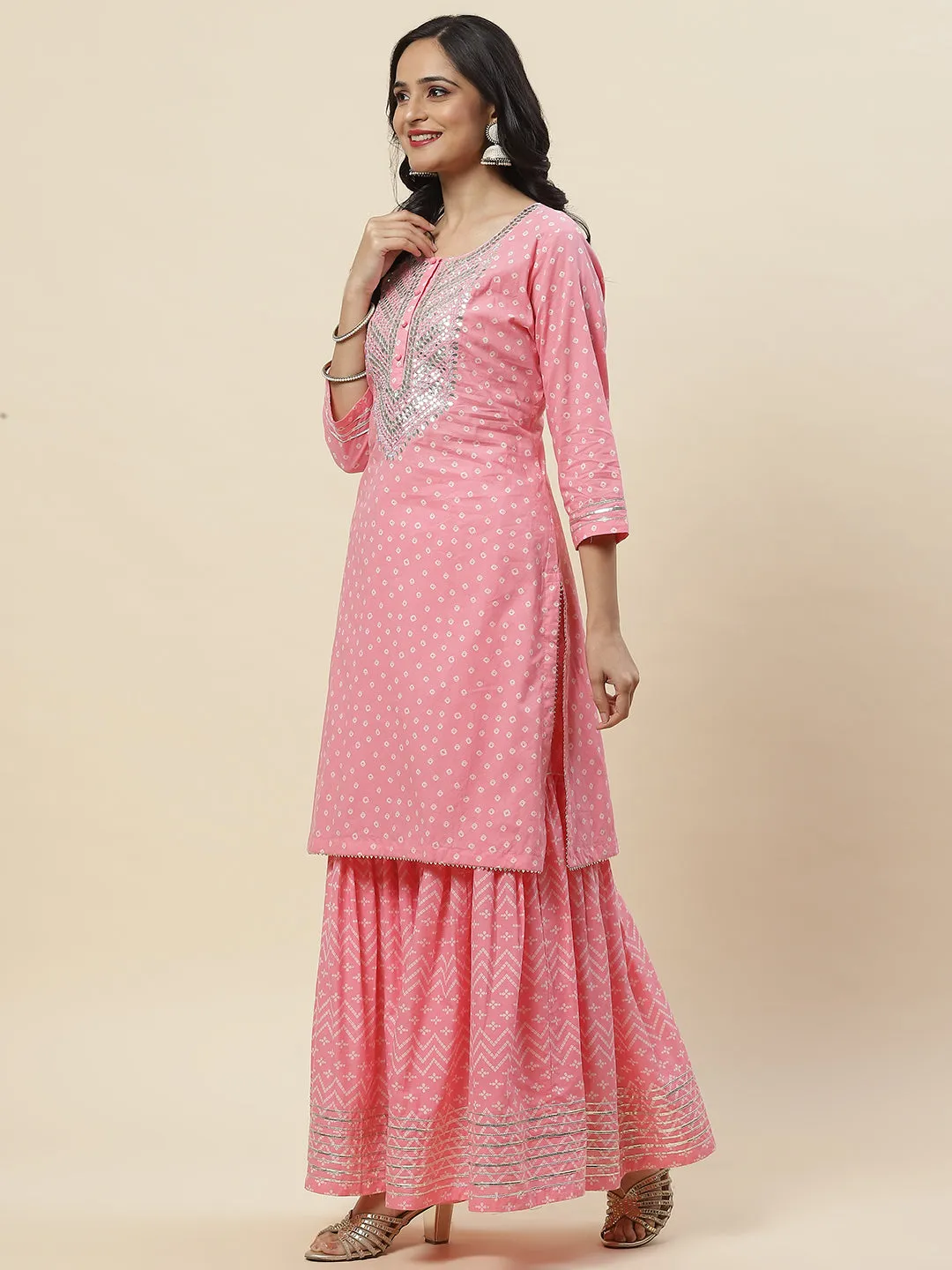 Bandhani Printed Cotton Kurti With Sharara