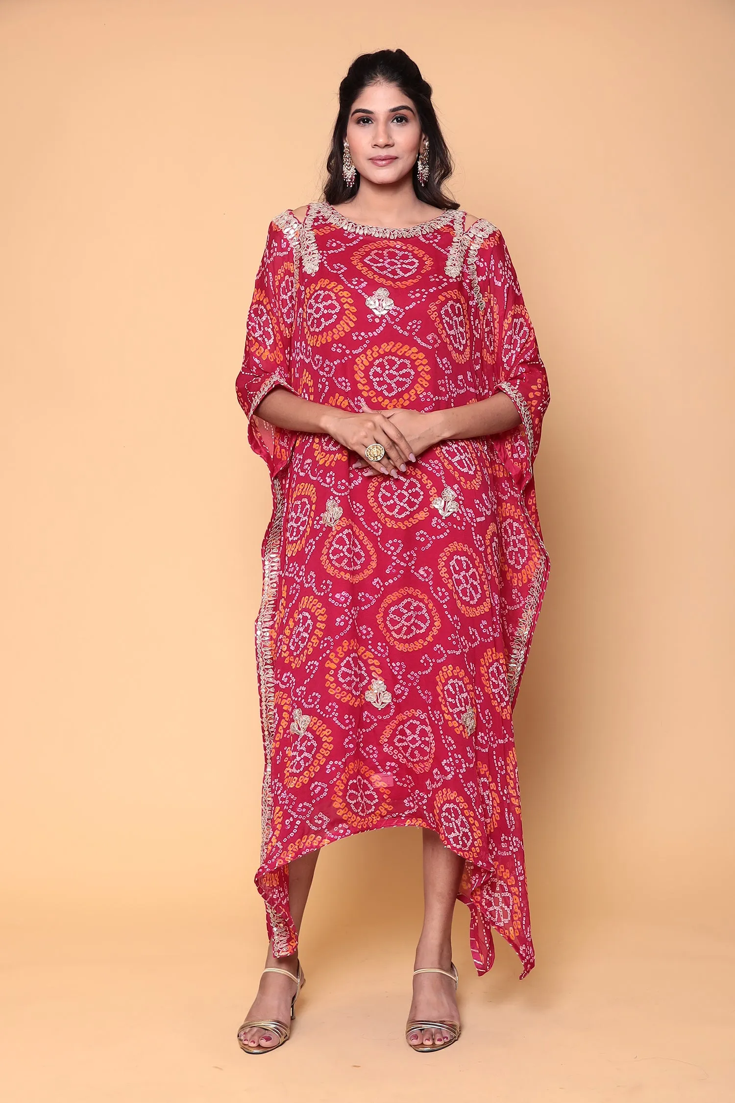 Bandhej Georgette bandhej Kaftan with Dori, Gota Patti work.