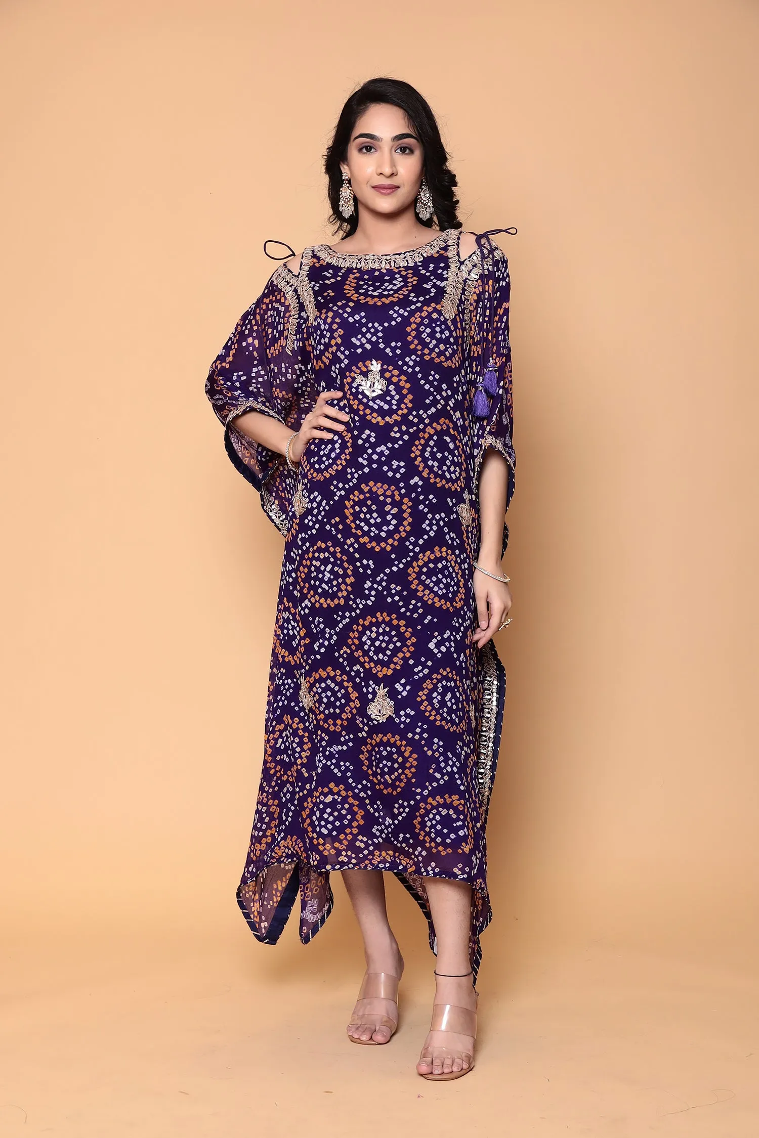 Bandhej Georgette bandhej Kaftan with Dori, Gota Patti work.