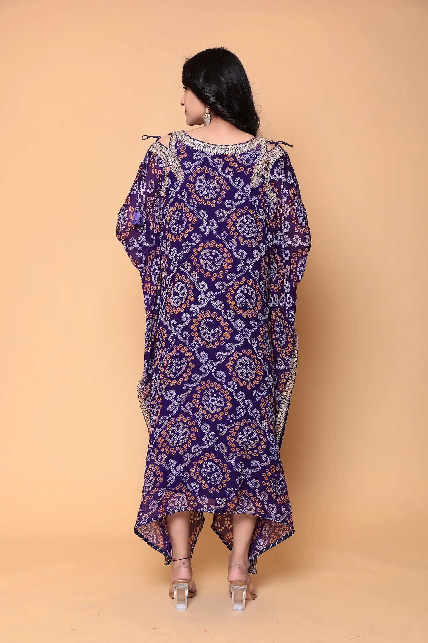 Bandhej Georgette bandhej Kaftan with Dori, Gota Patti work.