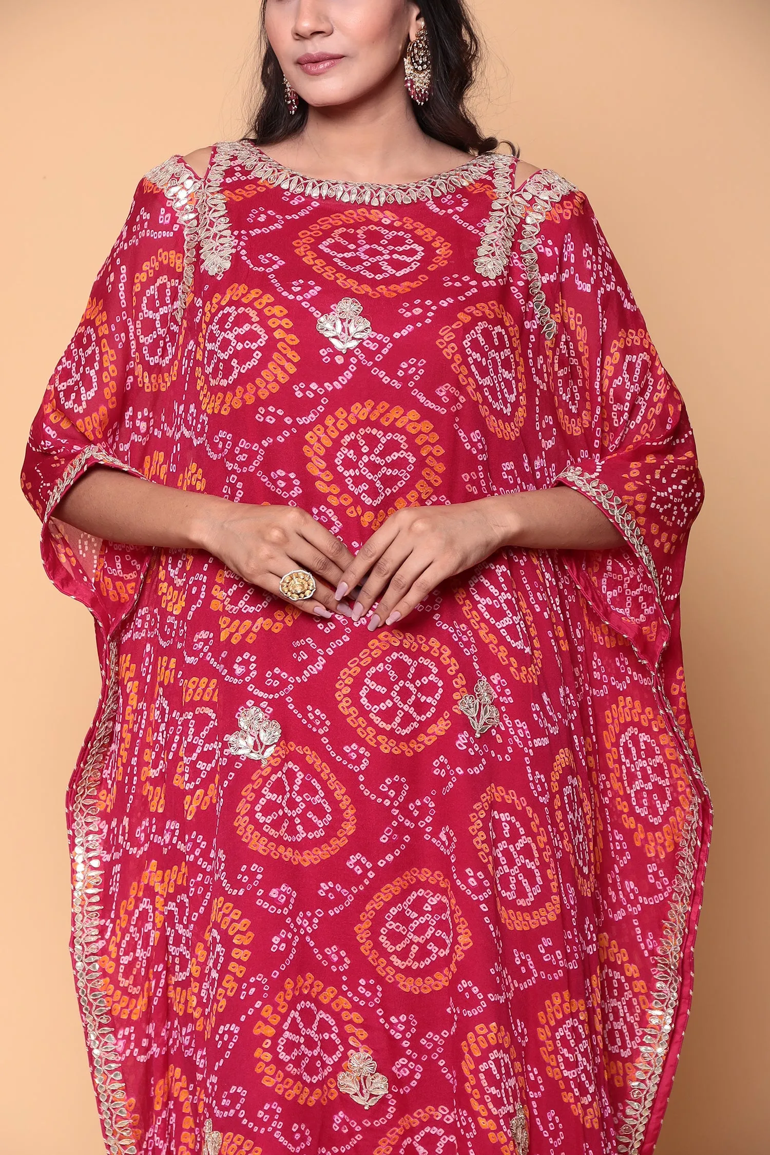 Bandhej Georgette bandhej Kaftan with Dori, Gota Patti work.