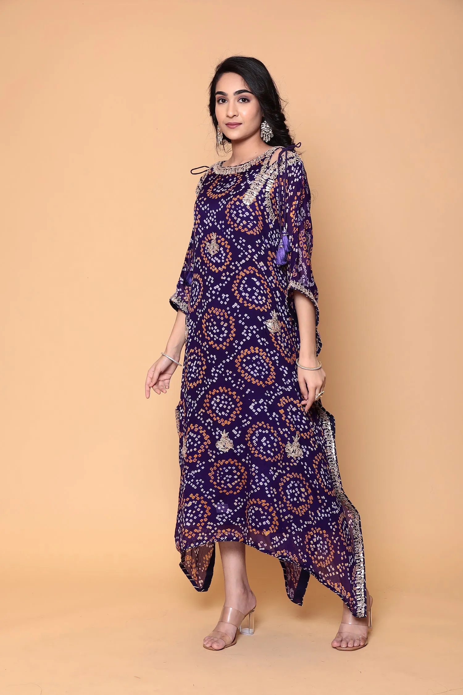 Bandhej Georgette bandhej Kaftan with Dori, Gota Patti work.