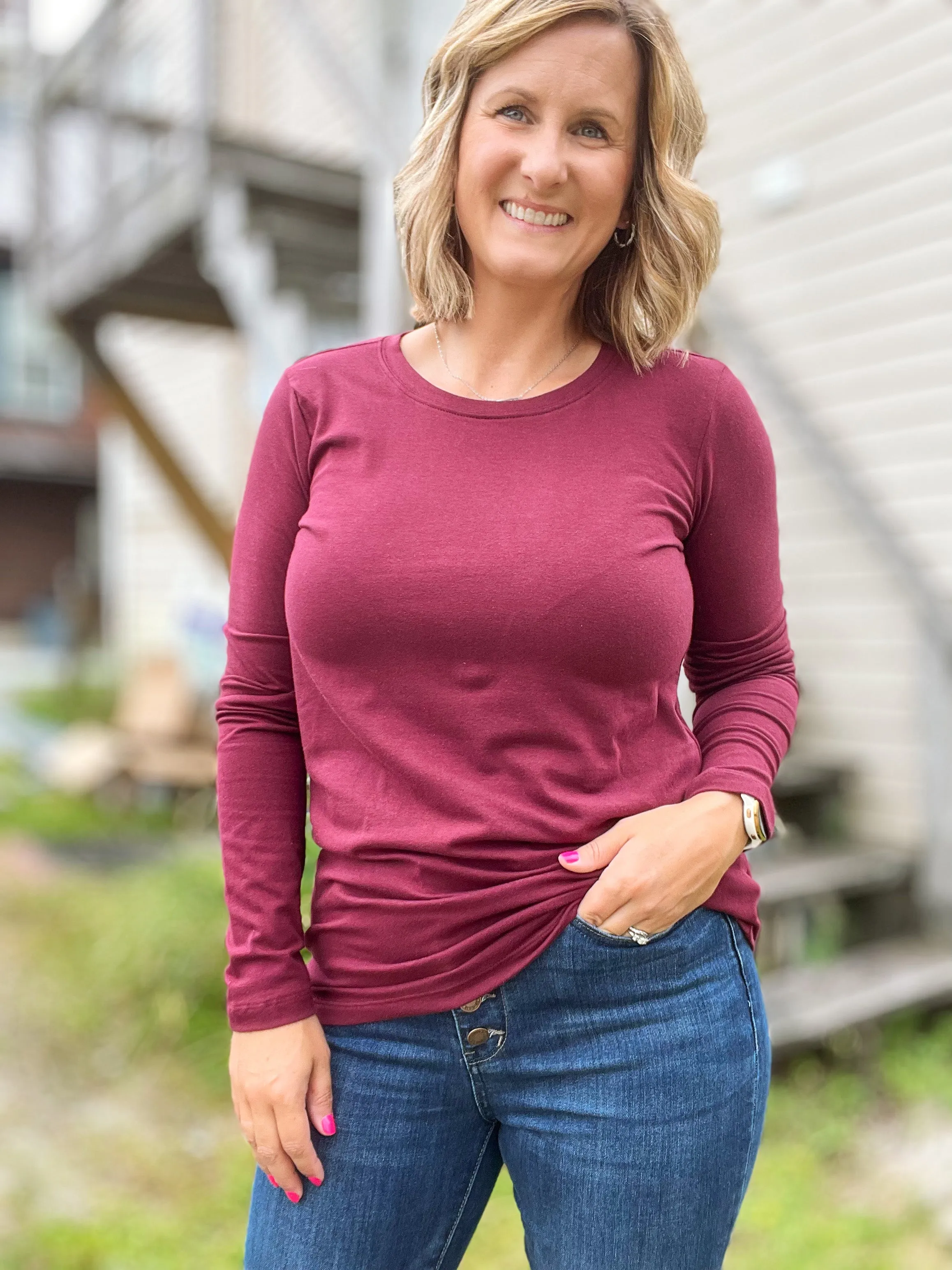 Basic Burgundy Long Sleeve Crew Neck