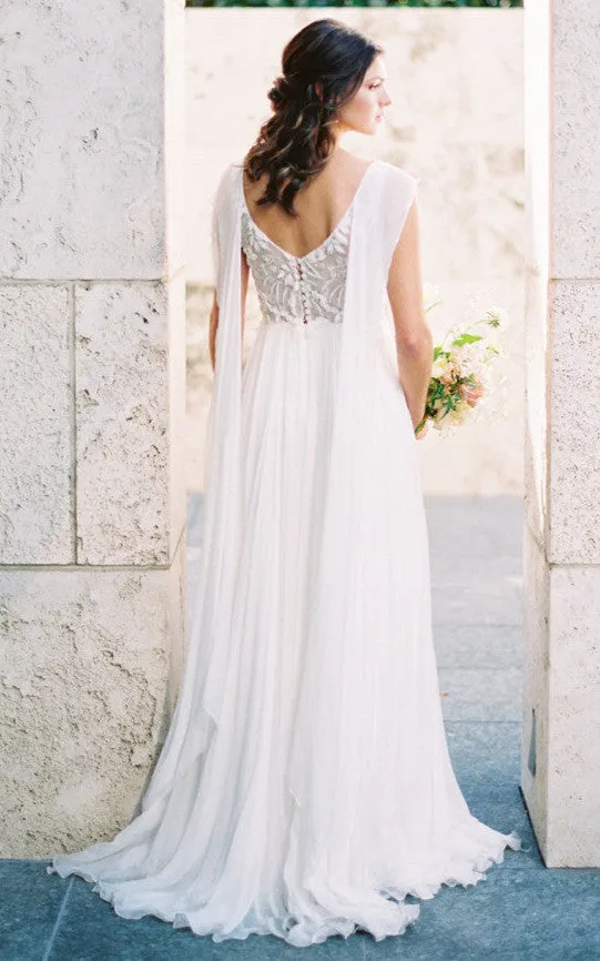 Beach Floral Lace Ethereal Voluminous Tulle Cape-Like Sleeves Button Back A-Line Bateau Maxi Wedding Dress