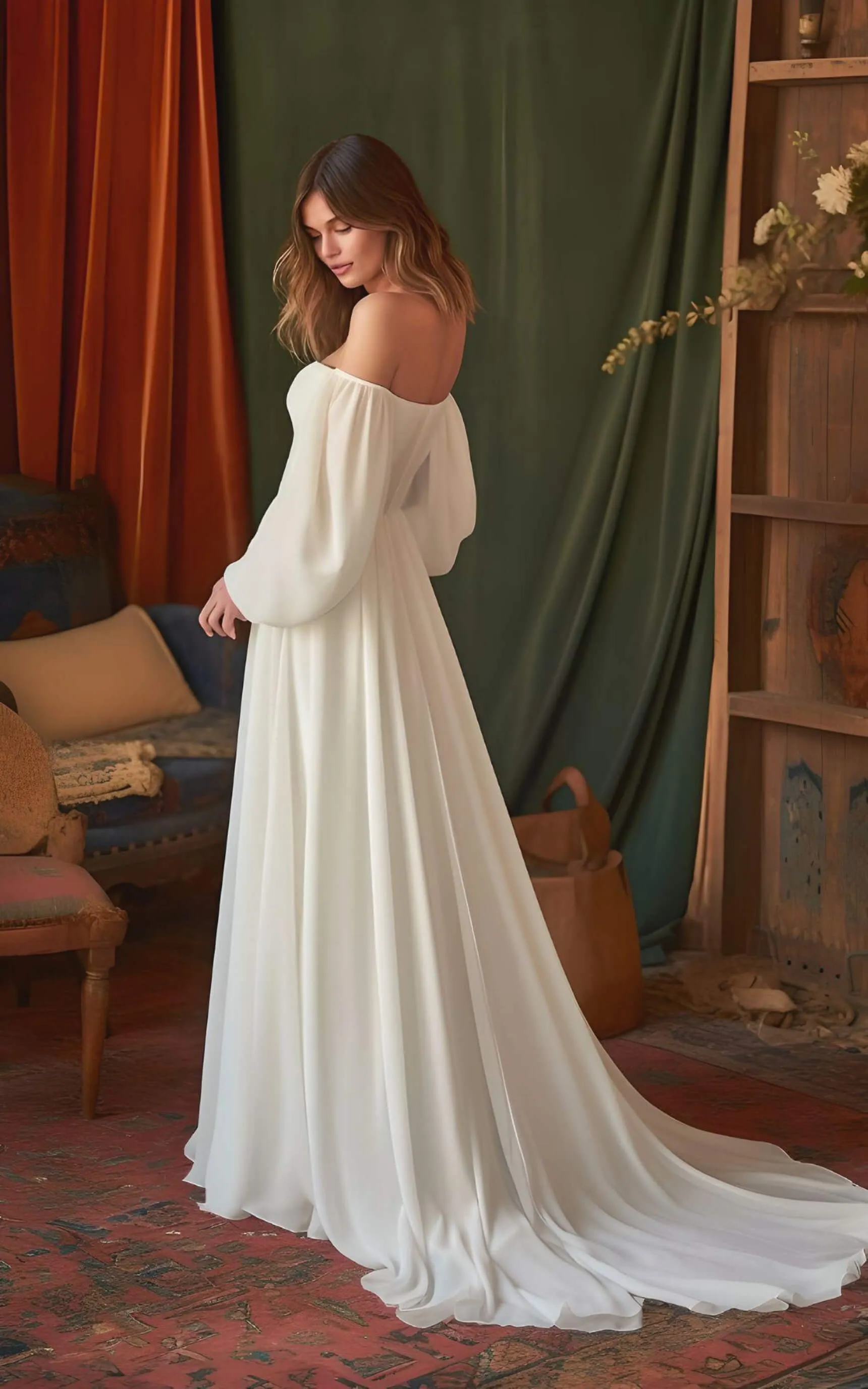 Beach Modest Simple A-Line Off-the-Shoulder Wedding Dress Modern Elegant Garden Half Sleeve Sweep Train Bridal Gown