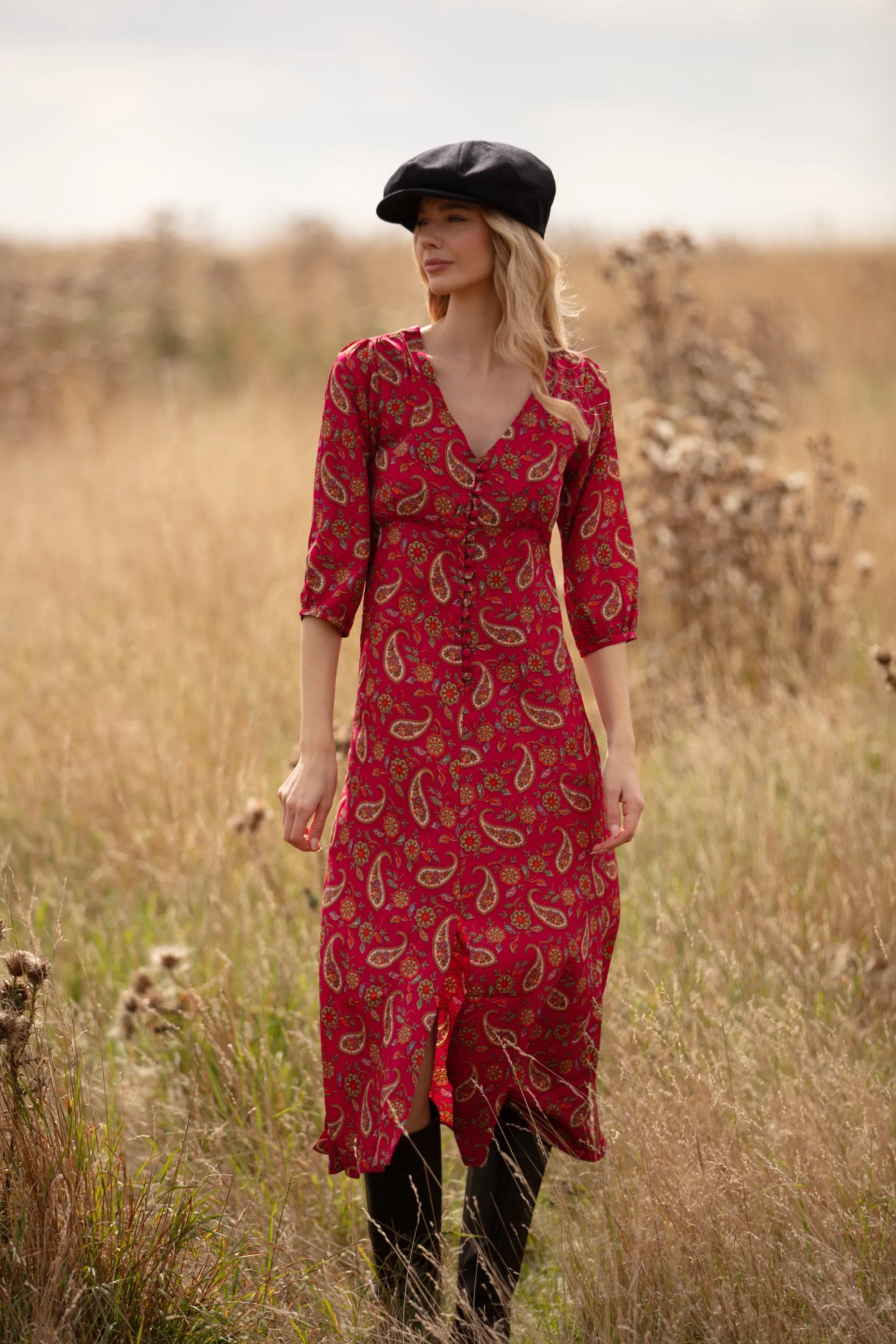 Belgravia Midi Dress in Hot Pink Paisley