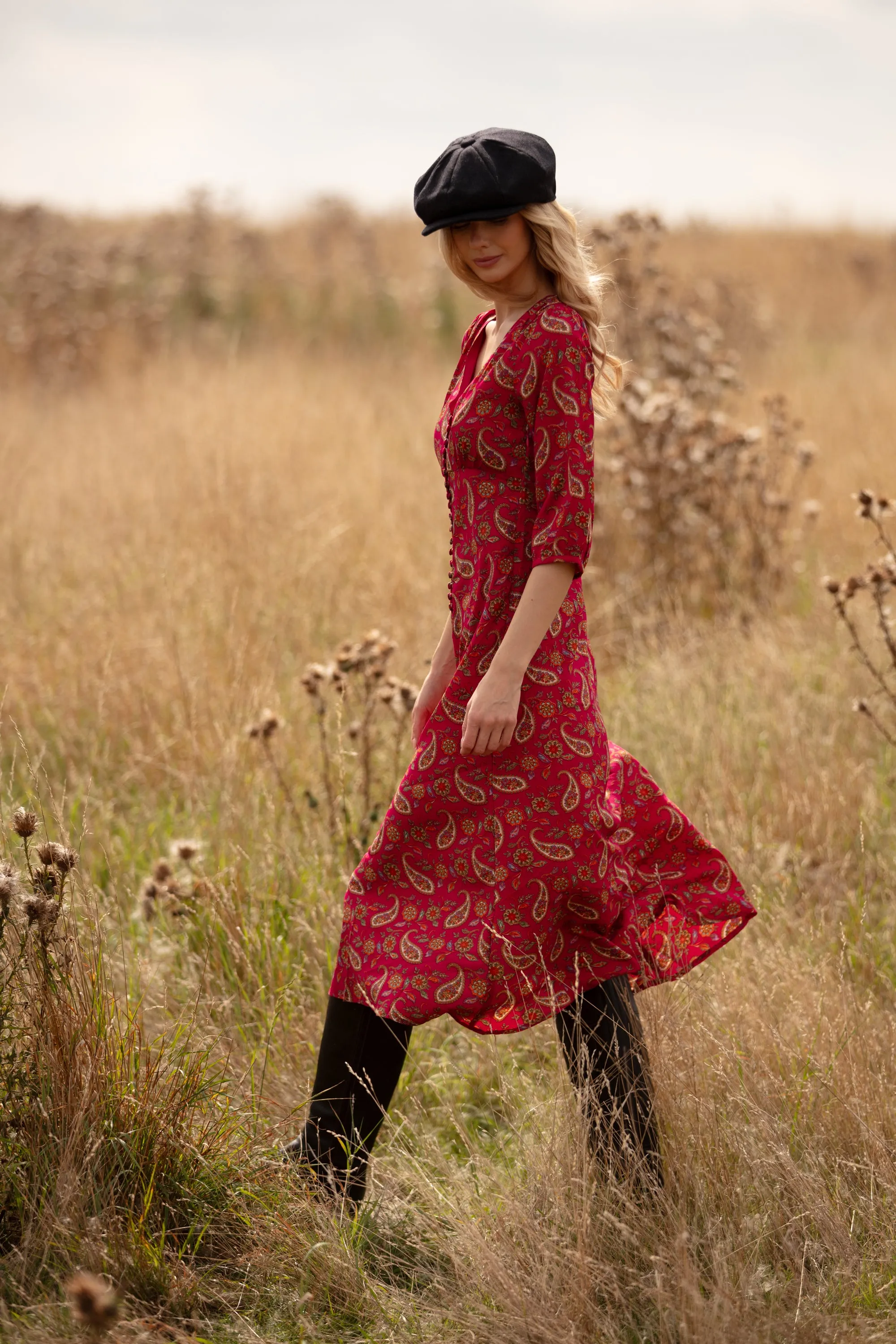 Belgravia Midi Dress in Hot Pink Paisley