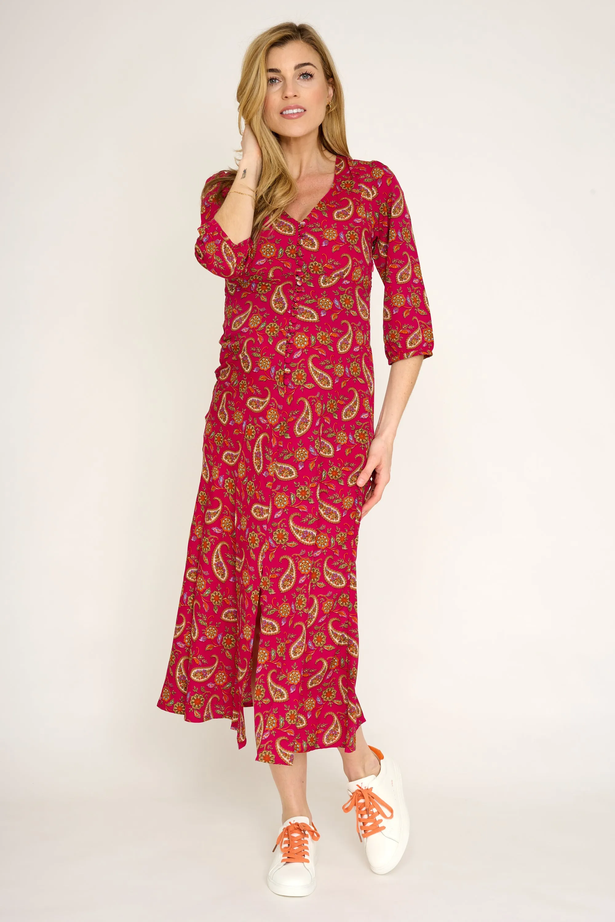 Belgravia Midi Dress in Hot Pink Paisley