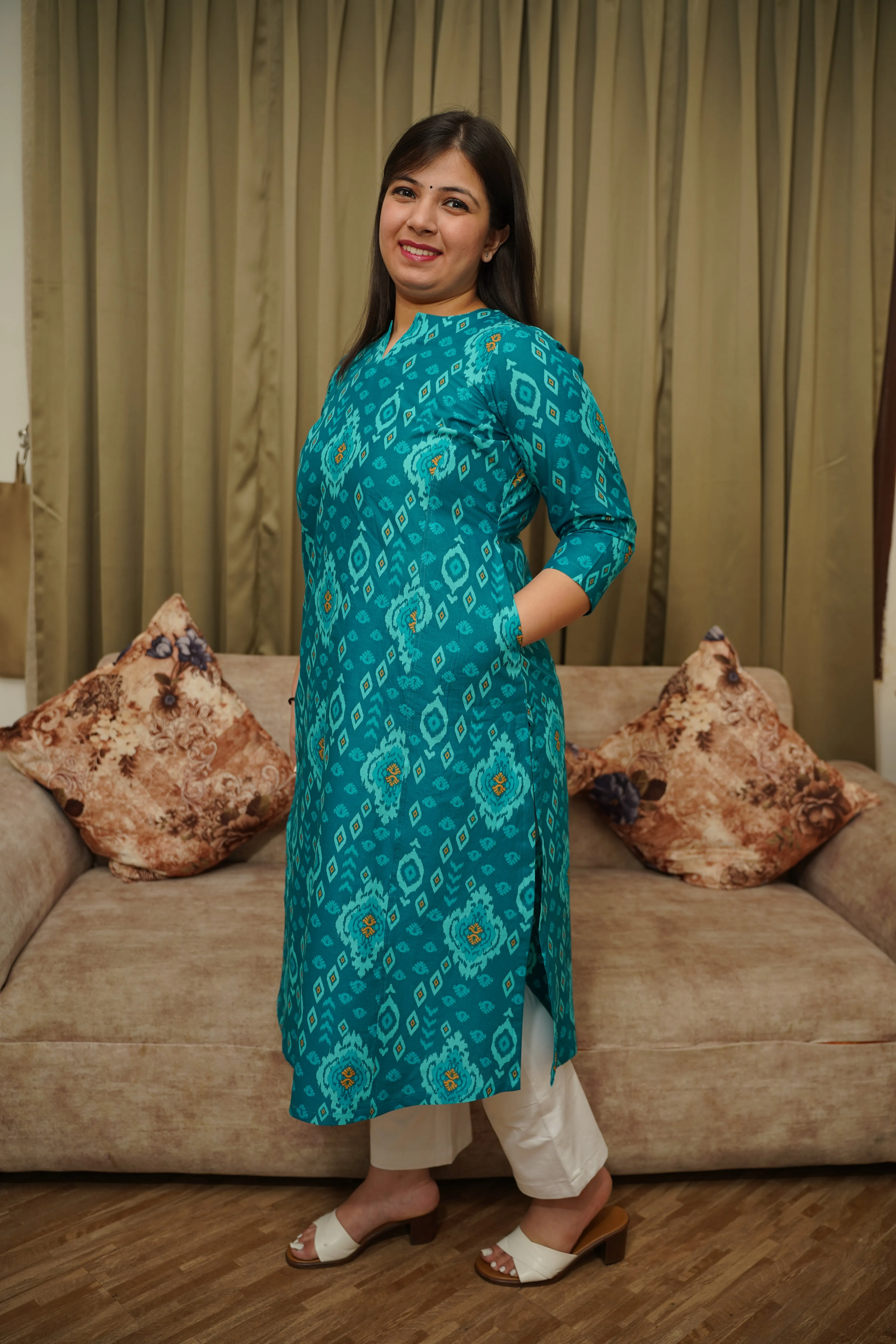 Blue Jade A-line Cotton Kurta