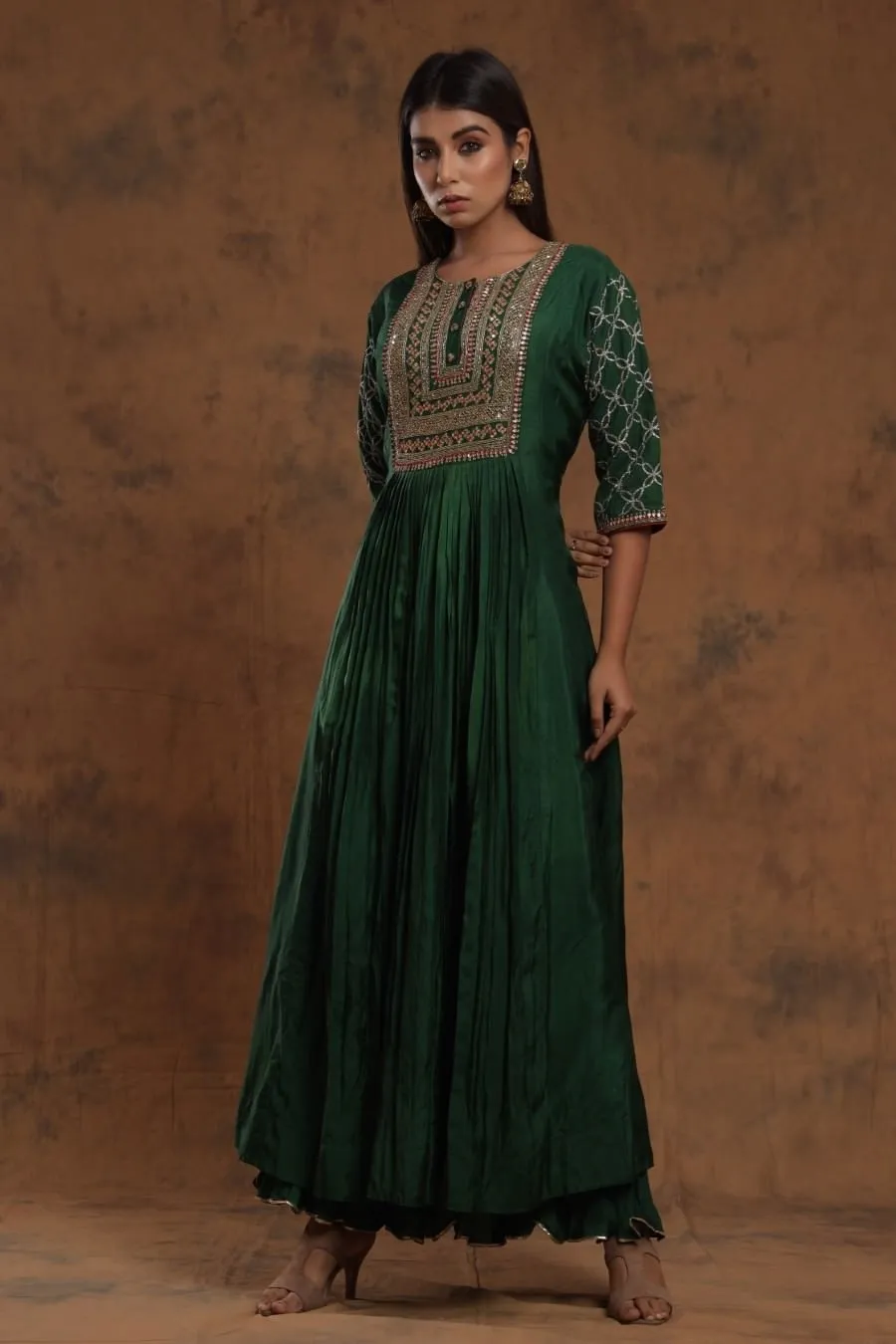 Bottle Green Chanderi Silk Kalidar Kurti With EmbroideryCrepe Silk Digital Print Western Top