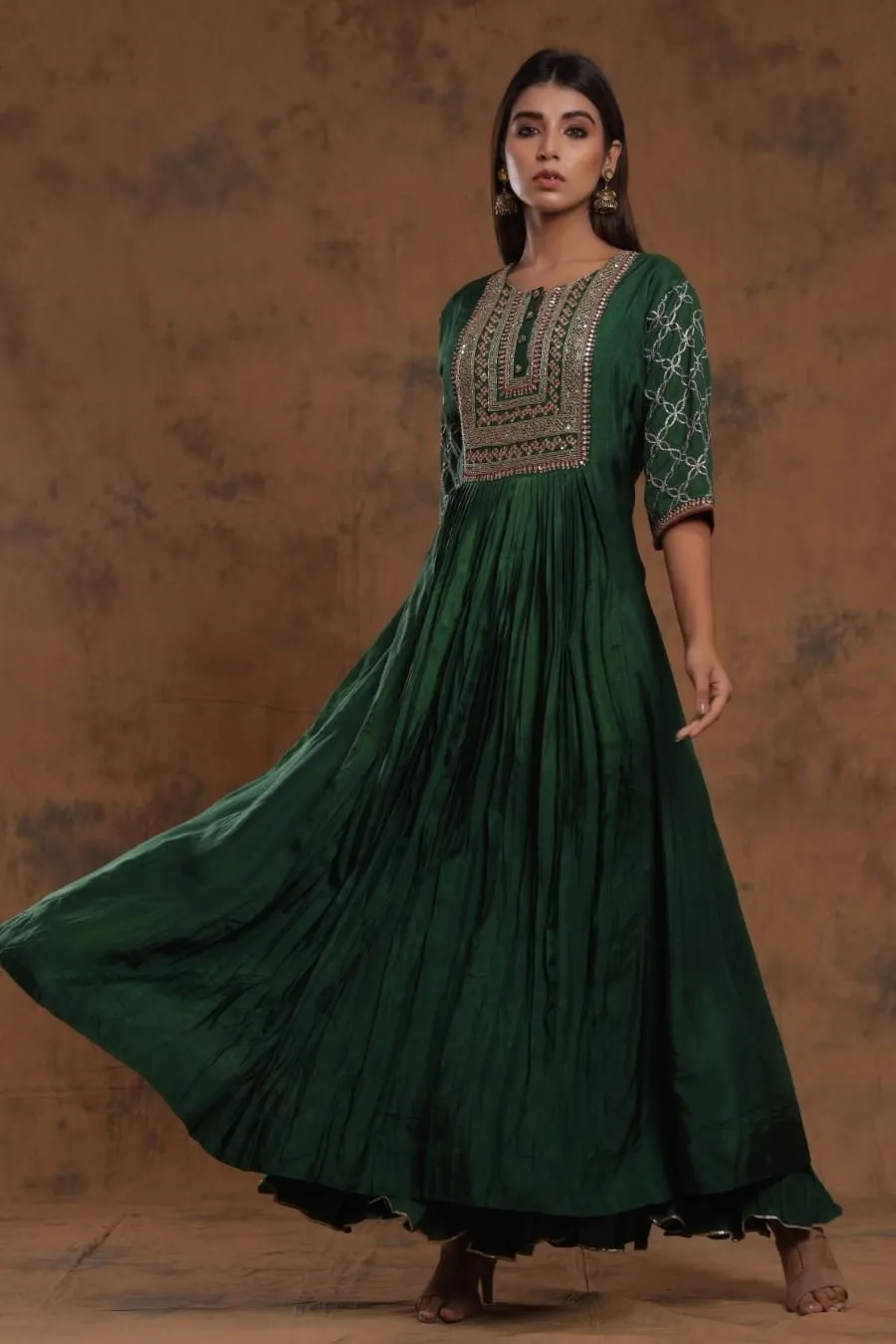 Bottle Green Chanderi Silk Kalidar Kurti With EmbroideryCrepe Silk Digital Print Western Top