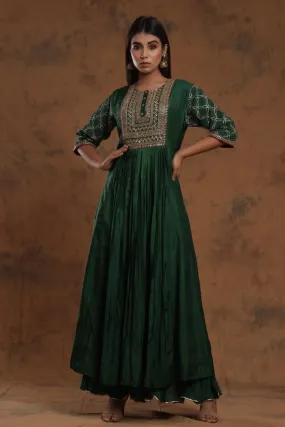 Bottle Green Chanderi Silk Kalidar Kurti With EmbroideryCrepe Silk Digital Print Western Top